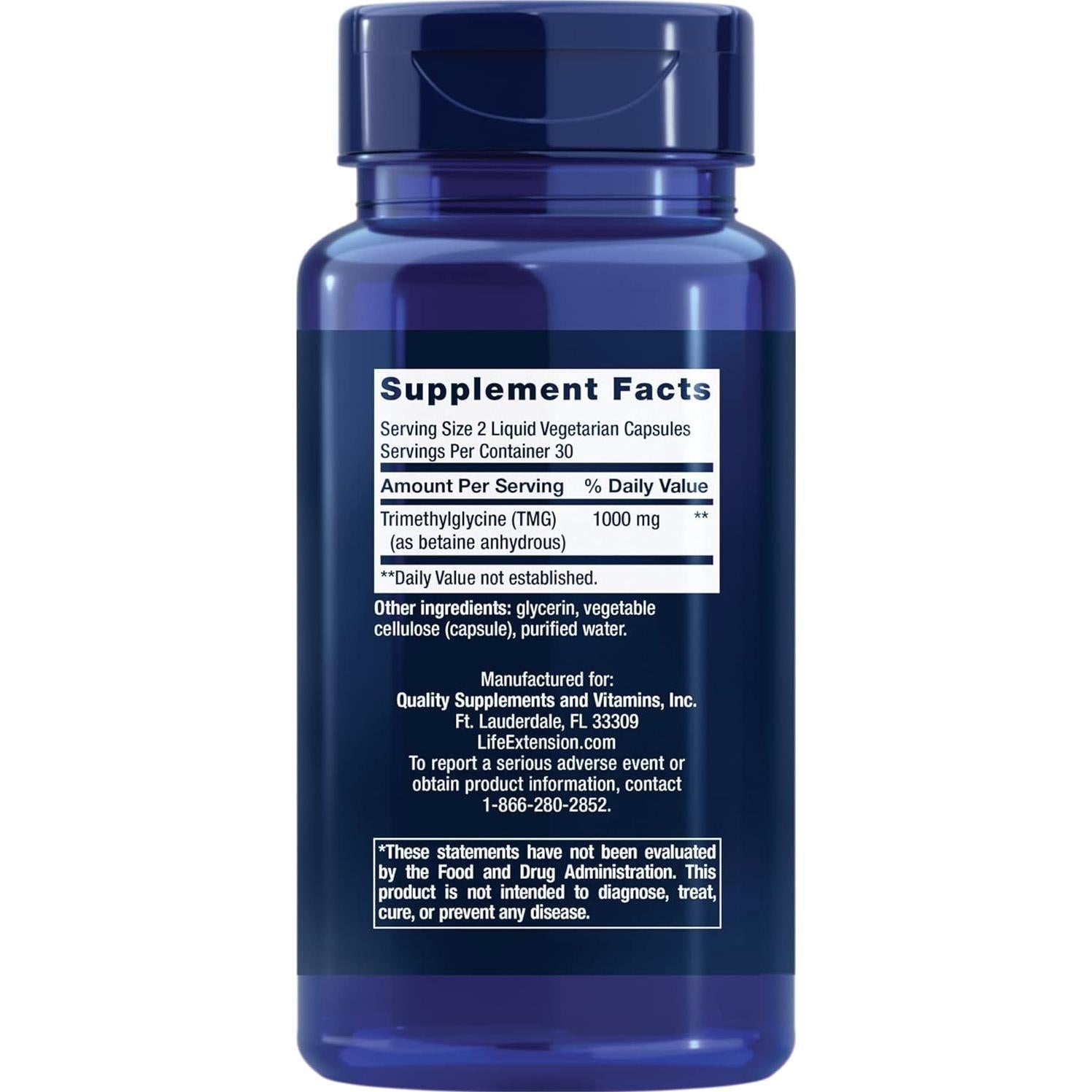 Suplemento Trimetilglicina Life Extension 500 mg 60 Cápsulas