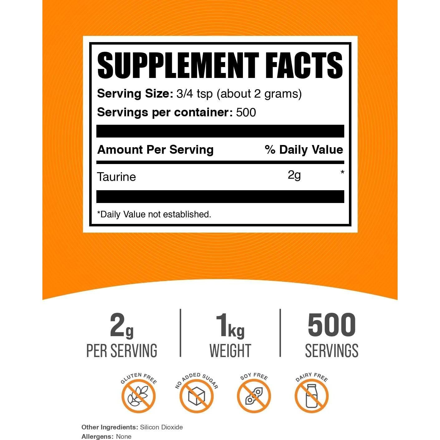 Polvo de Taurina BulkSupplements 2000mg 1kg Sin Sabor