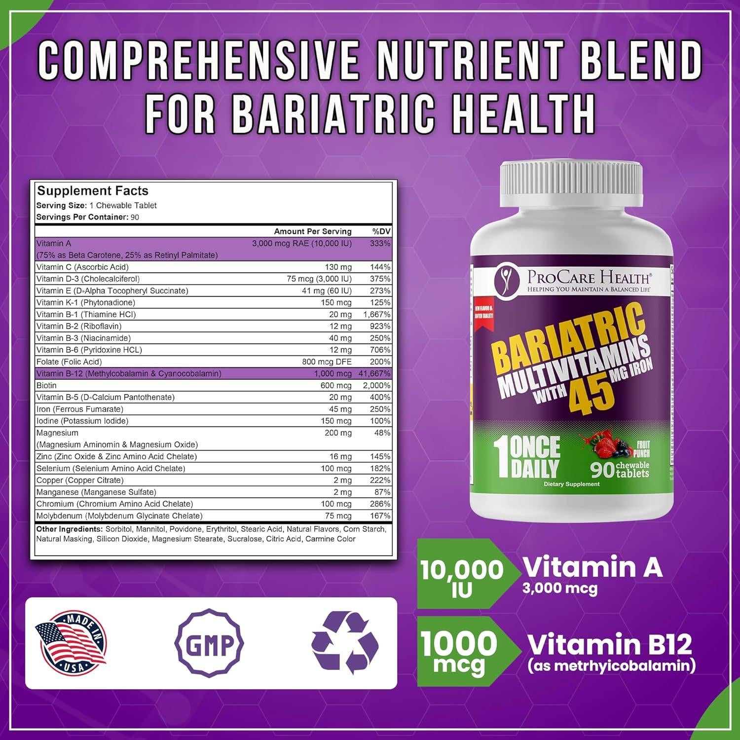 Multivitamina Masticable Procare Health 90 Tabletas con Hierro 45mg