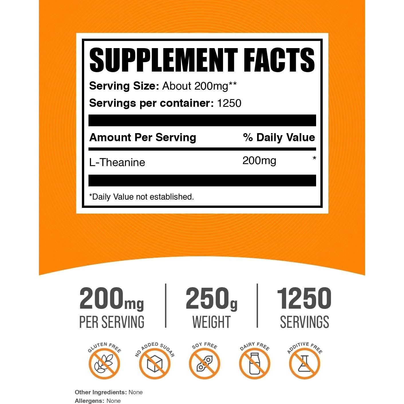 Polvo de L-Teanina BulkSupplements 200mg 250g Sin Gluten