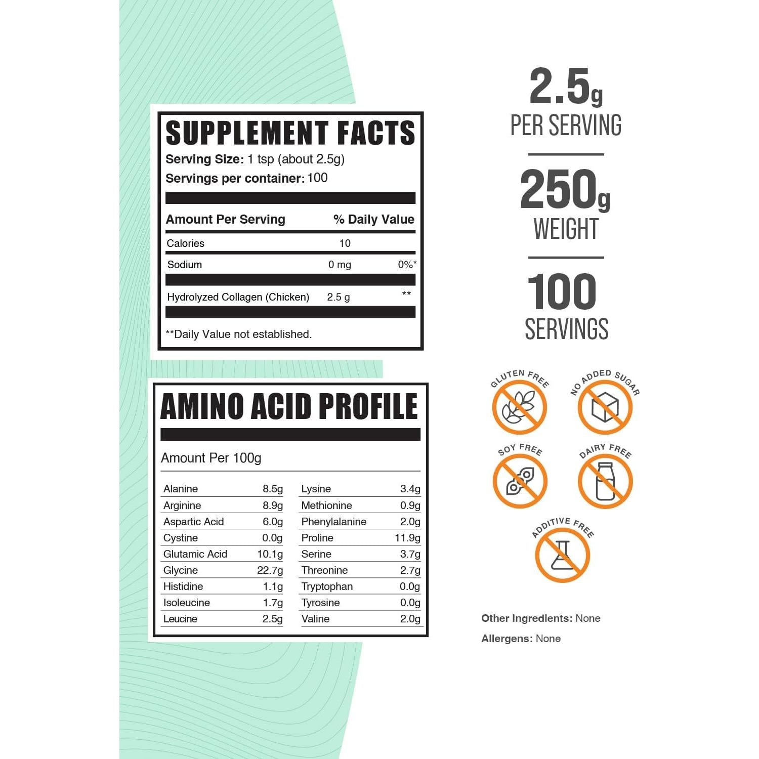 Polvo de Colágeno Hidrolizado BulkSupplements 250g 100 Porciones