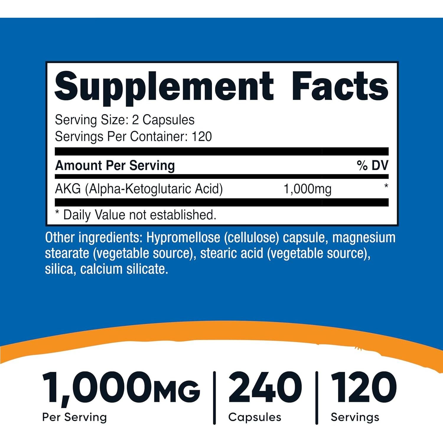 Suplemento Ácido Alfa Cetoglutárico Nutricost 1000 mg 240 Cápsulas