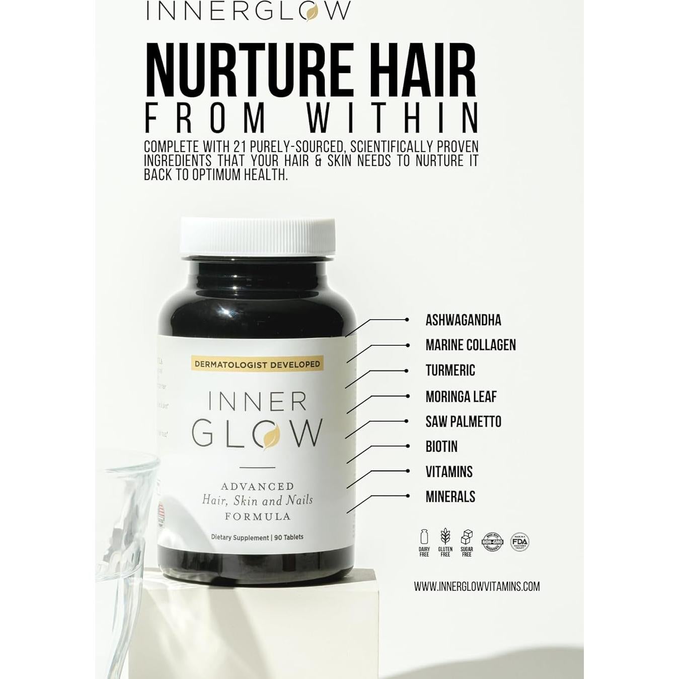 Suplemento Vitaminas para Cabello Piel Uñas Inner Glow 90 Tabletas