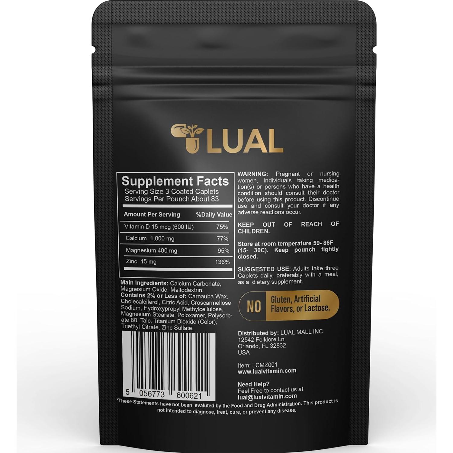 Suplemento LUAL Calcio Magnesio Zinc Vitamina D3 250 Comprimidos