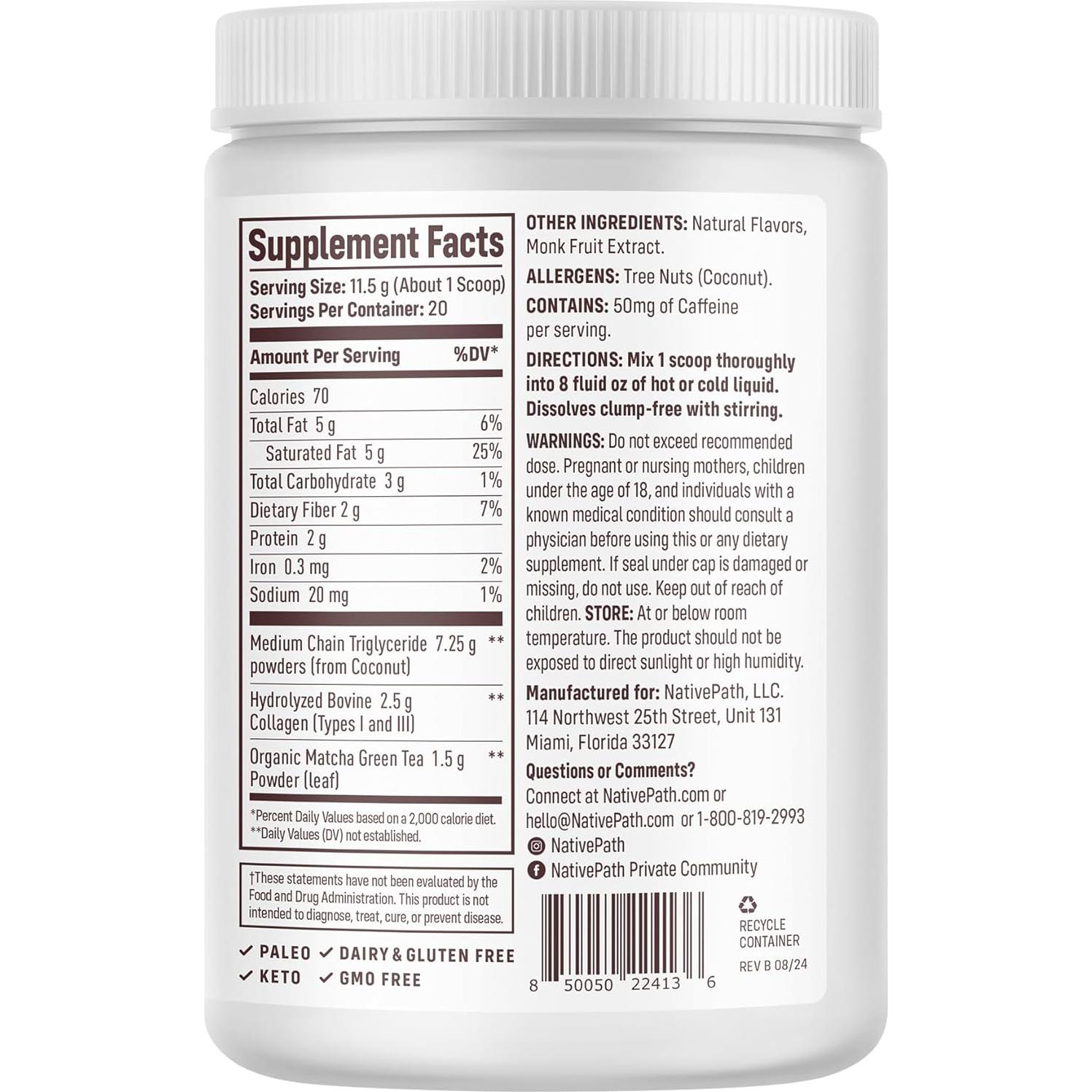 Colágeno Hidrolizado NativePath 230g - Tipo 1 y 3, Matcha Latte