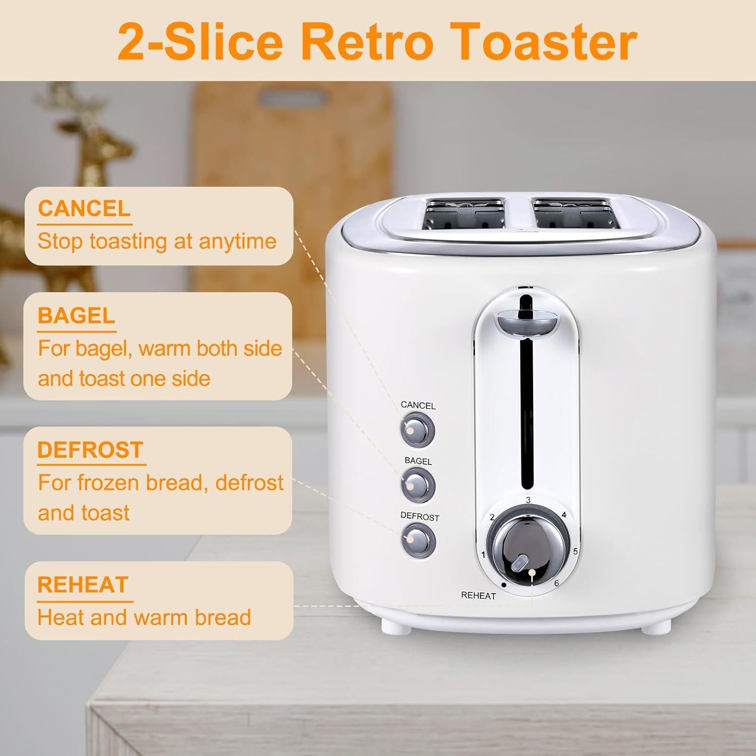 Tostadora Retro KOTIAN 2 Rebanadas Acero Inoxidable Blanca