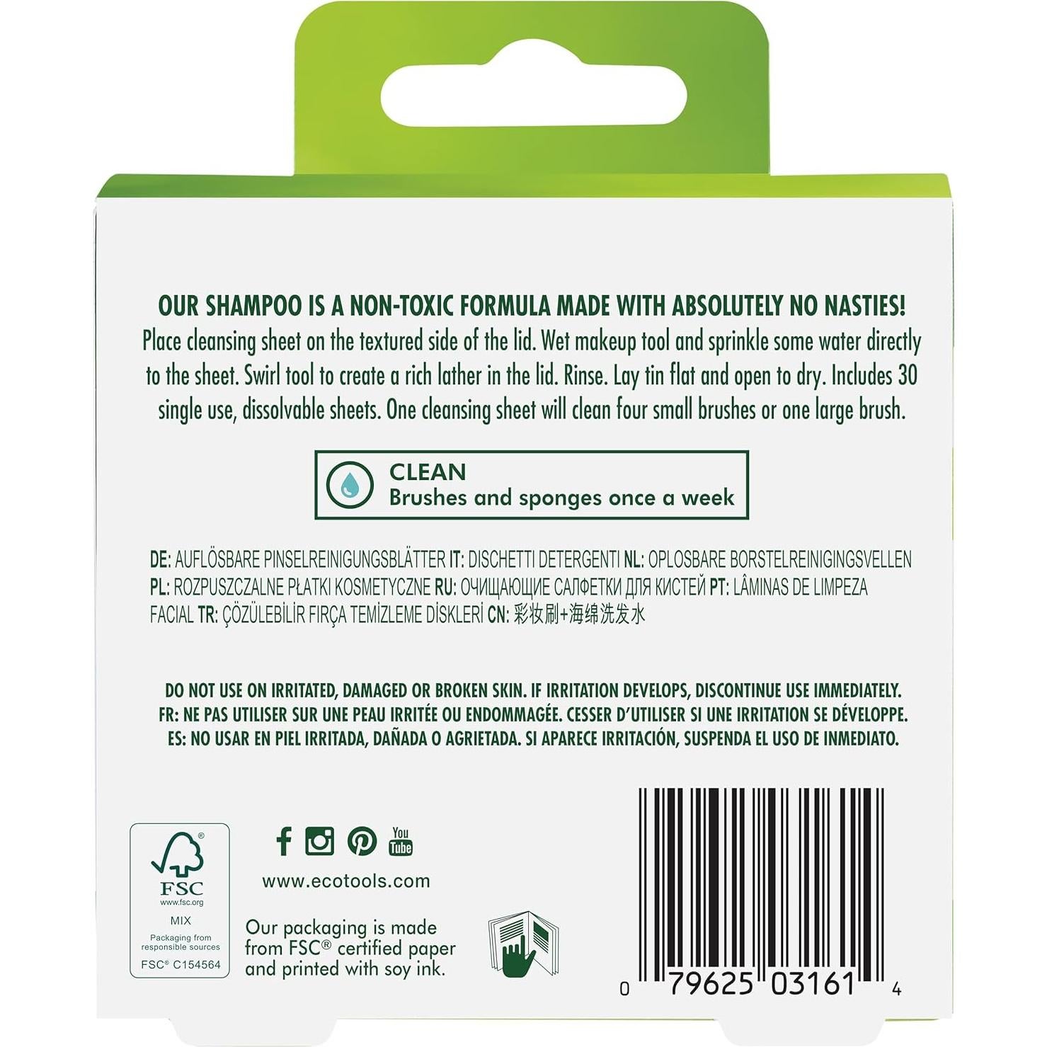 EcoTools Limpiador de Brochas y Esponjas - 30 Hojas Veganas
