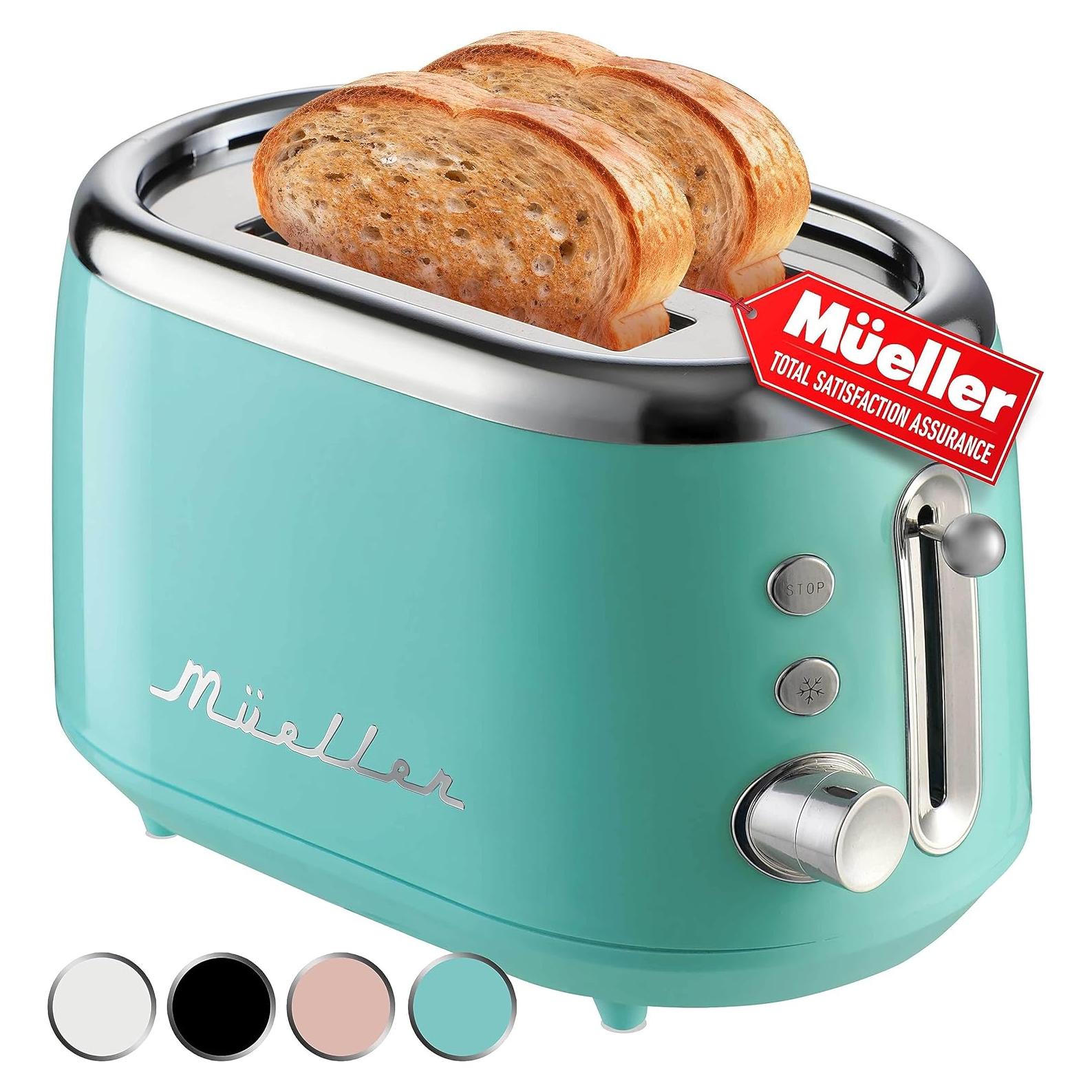 MUELLER HOME Retro Toaster 2 Slice, 7 Browning Levels, 3 Functions (Reheat, Defrost, Cancel), Stainless Steel Features, Removable Crumb Tray, Under Base Cord Storage, Turquoise