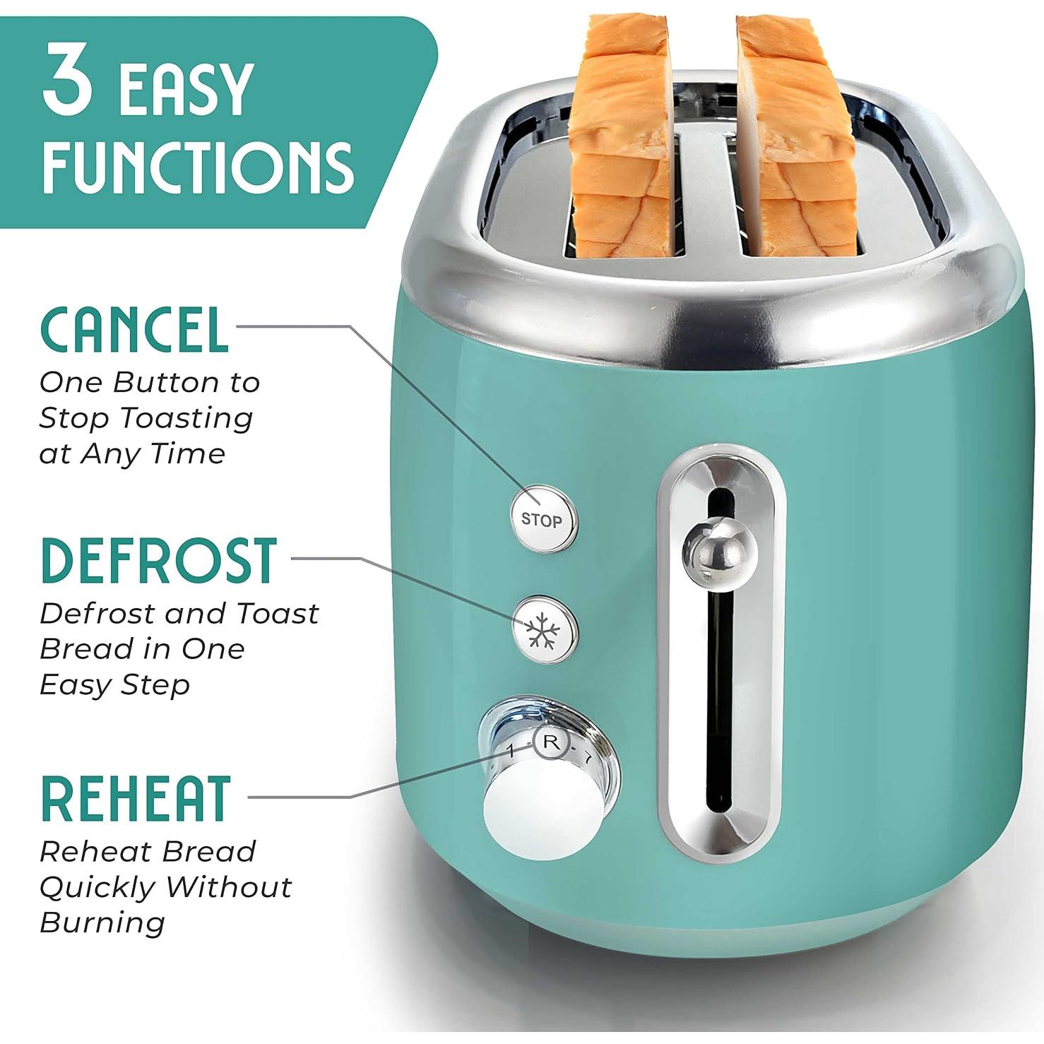MUELLER HOME Retro Toaster 2 Slice, 7 Browning Levels, 3 Functions (Reheat, Defrost, Cancel), Stainless Steel Features, Removable Crumb Tray, Under Base Cord Storage, Turquoise