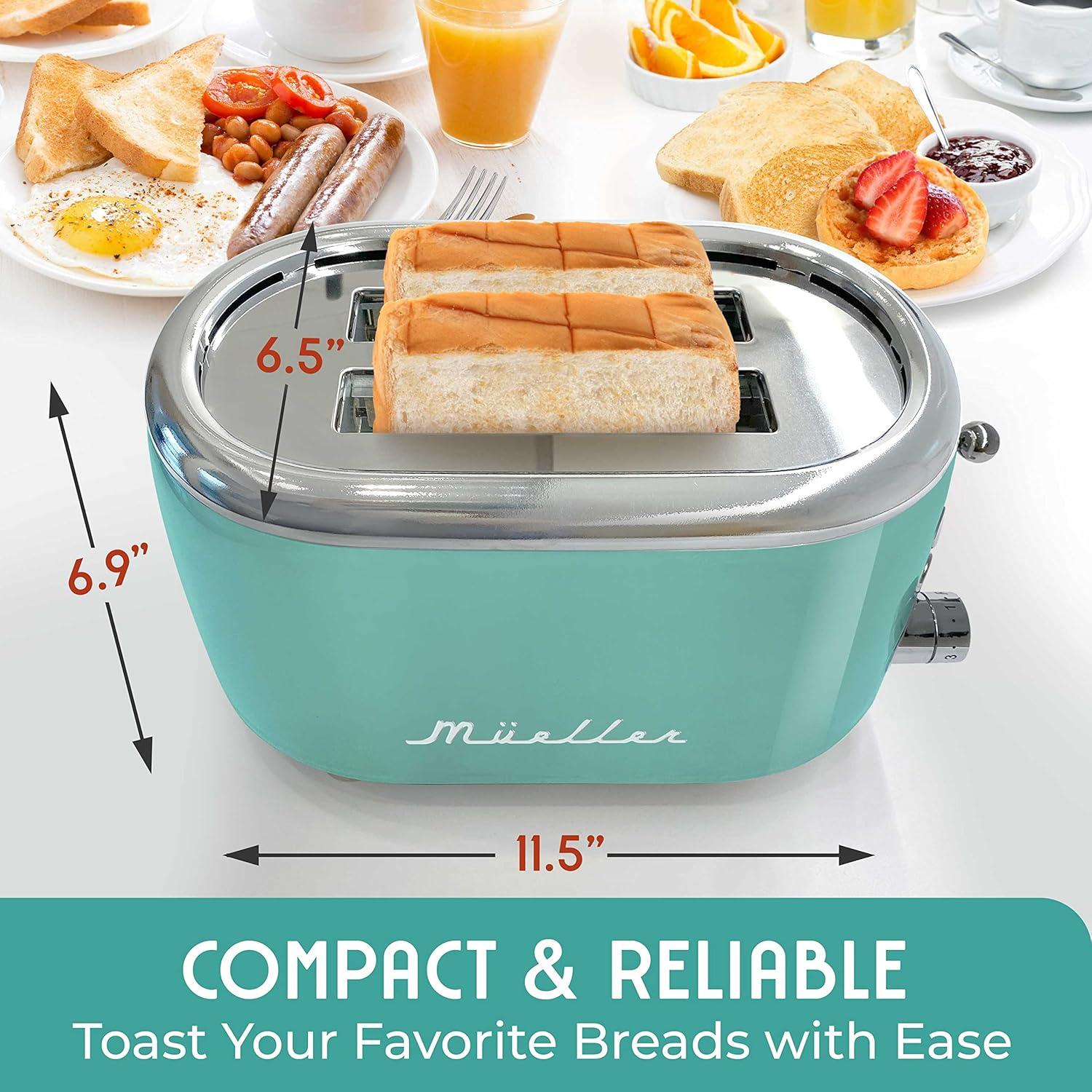 MUELLER HOME Retro Toaster 2 Slice, 7 Browning Levels, 3 Functions (Reheat, Defrost, Cancel), Stainless Steel Features, Removable Crumb Tray, Under Base Cord Storage, Turquoise
