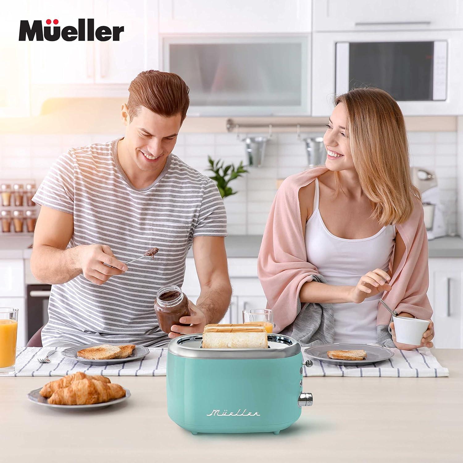 MUELLER HOME Retro Toaster 2 Slice, 7 Browning Levels, 3 Functions (Reheat, Defrost, Cancel), Stainless Steel Features, Removable Crumb Tray, Under Base Cord Storage, Turquoise