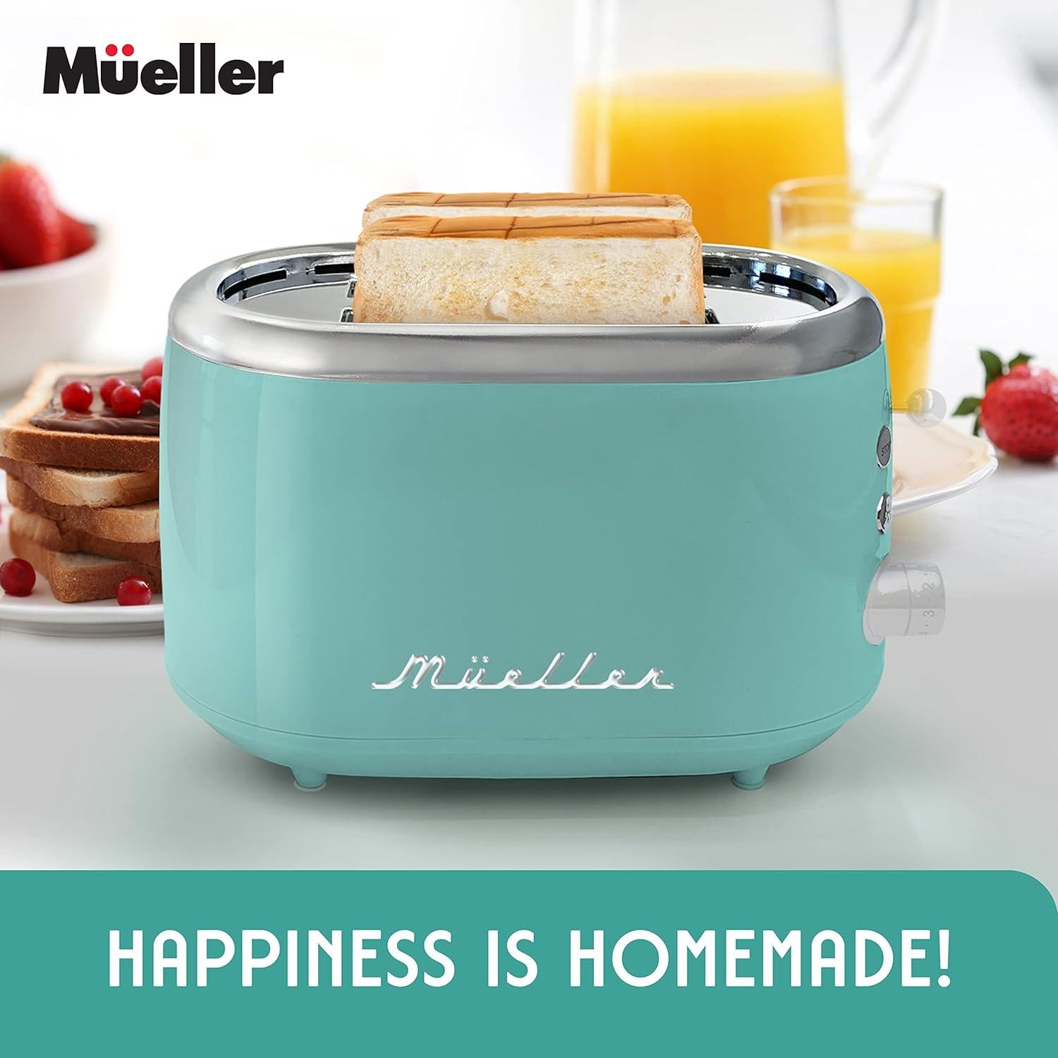 MUELLER HOME Retro Toaster 2 Slice, 7 Browning Levels, 3 Functions (Reheat, Defrost, Cancel), Stainless Steel Features, Removable Crumb Tray, Under Base Cord Storage, Turquoise