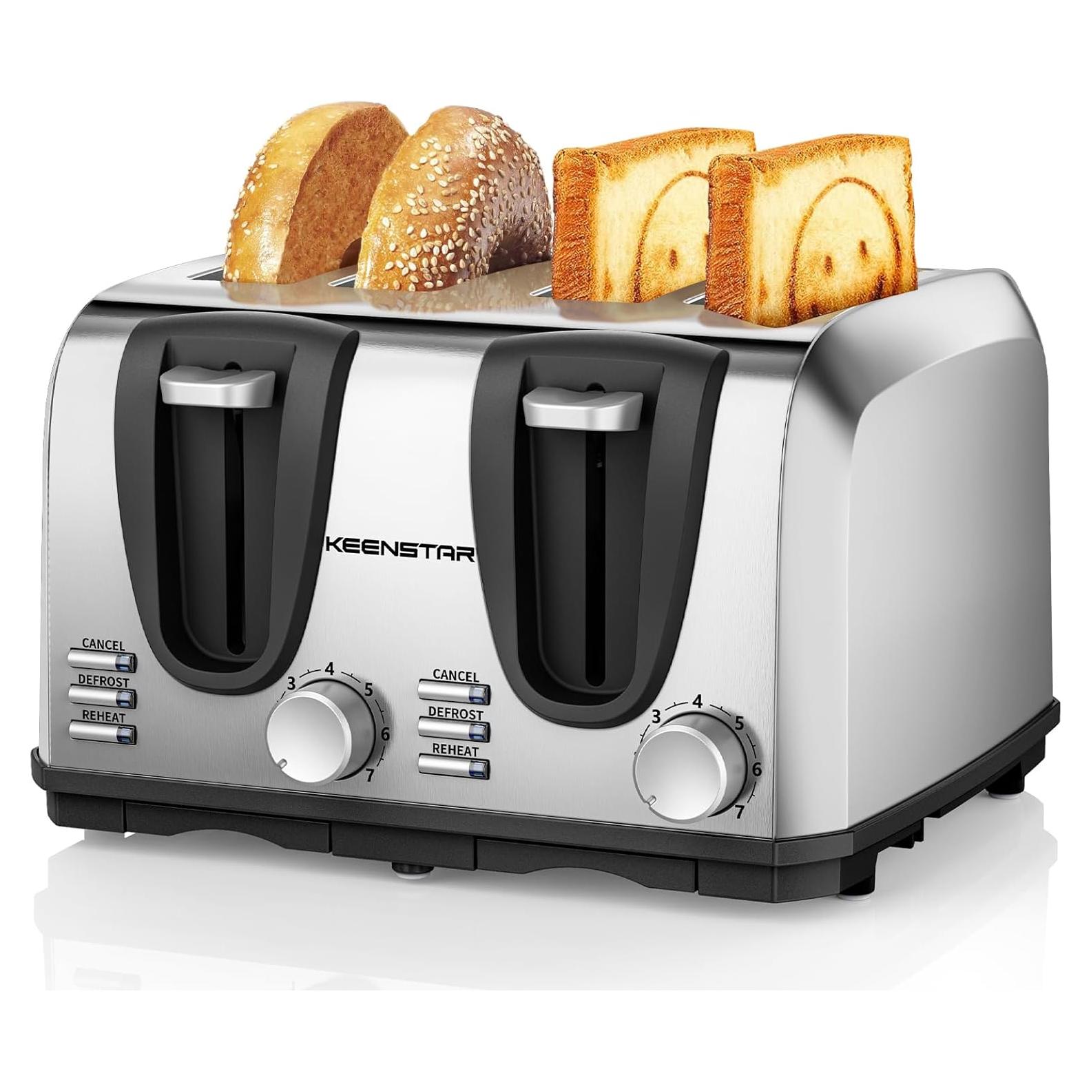 Toaster 4 Slice, Bread Toaster with Dual Control Panels Extra-Wide Slot of Bagel/Defrost/Cancel Function, 7 Toasting Bread Shade Settings, Removable Crumb Trays, Auto Pop-Up, Stainless Steel