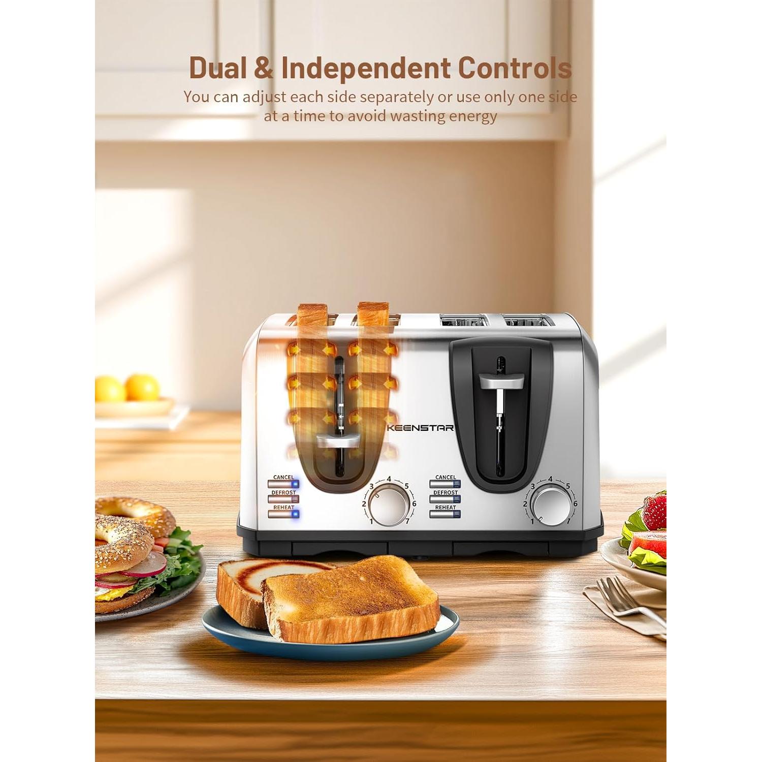 Toaster 4 Slice, Bread Toaster with Dual Control Panels Extra-Wide Slot of Bagel/Defrost/Cancel Function, 7 Toasting Bread Shade Settings, Removable Crumb Trays, Auto Pop-Up, Stainless Steel