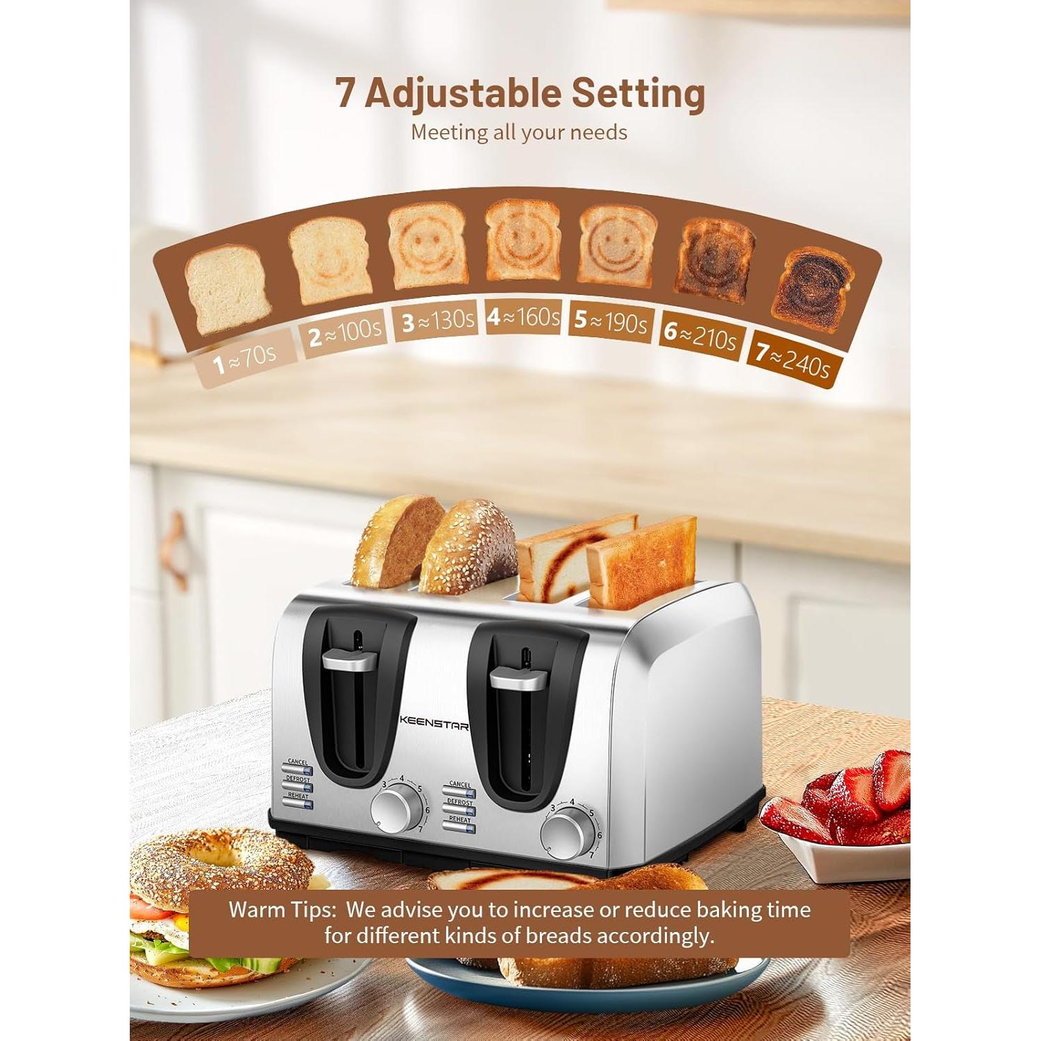 Toaster 4 Slice, Bread Toaster with Dual Control Panels Extra-Wide Slot of Bagel/Defrost/Cancel Function, 7 Toasting Bread Shade Settings, Removable Crumb Trays, Auto Pop-Up, Stainless Steel
