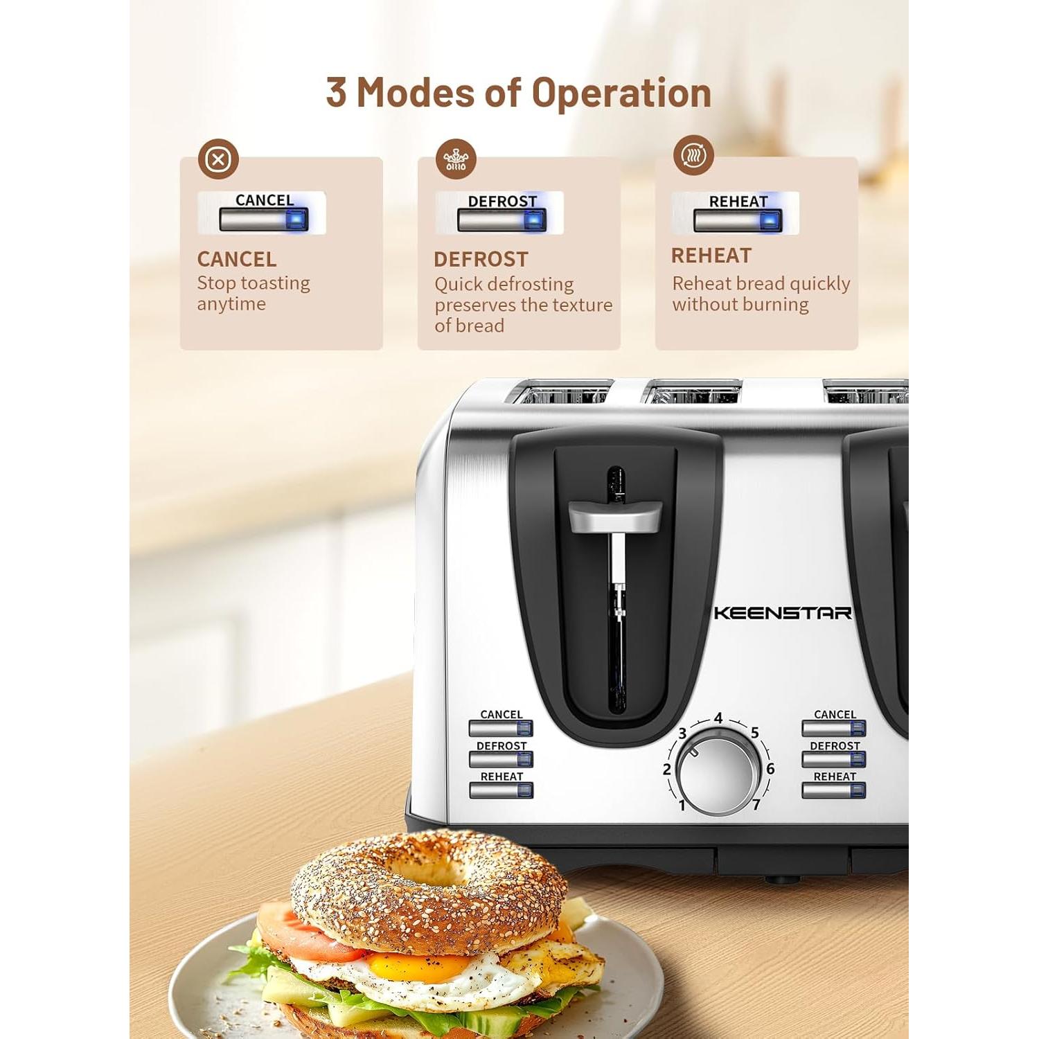 Toaster 4 Slice, Bread Toaster with Dual Control Panels Extra-Wide Slot of Bagel/Defrost/Cancel Function, 7 Toasting Bread Shade Settings, Removable Crumb Trays, Auto Pop-Up, Stainless Steel