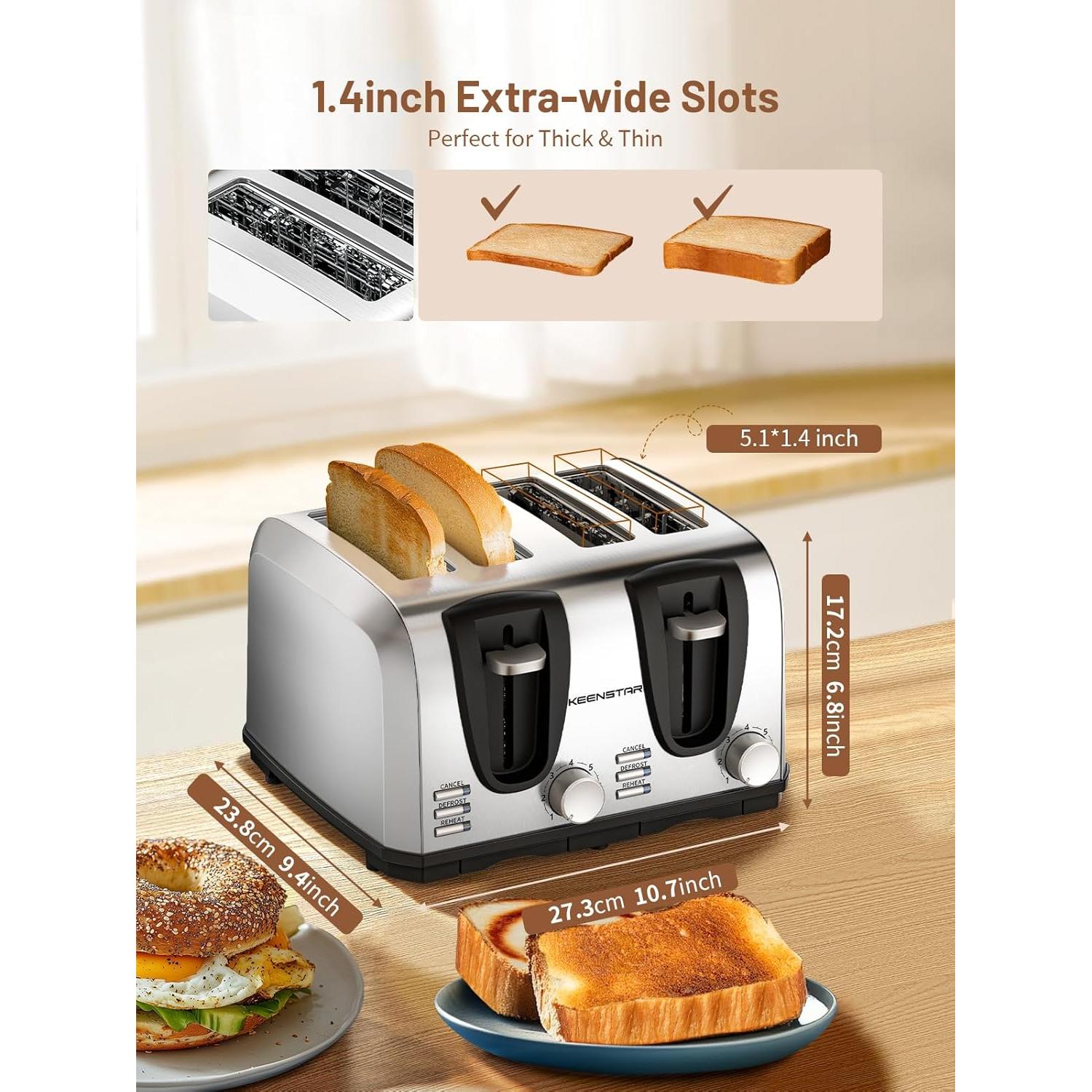 Toaster 4 Slice, Bread Toaster with Dual Control Panels Extra-Wide Slot of Bagel/Defrost/Cancel Function, 7 Toasting Bread Shade Settings, Removable Crumb Trays, Auto Pop-Up, Stainless Steel