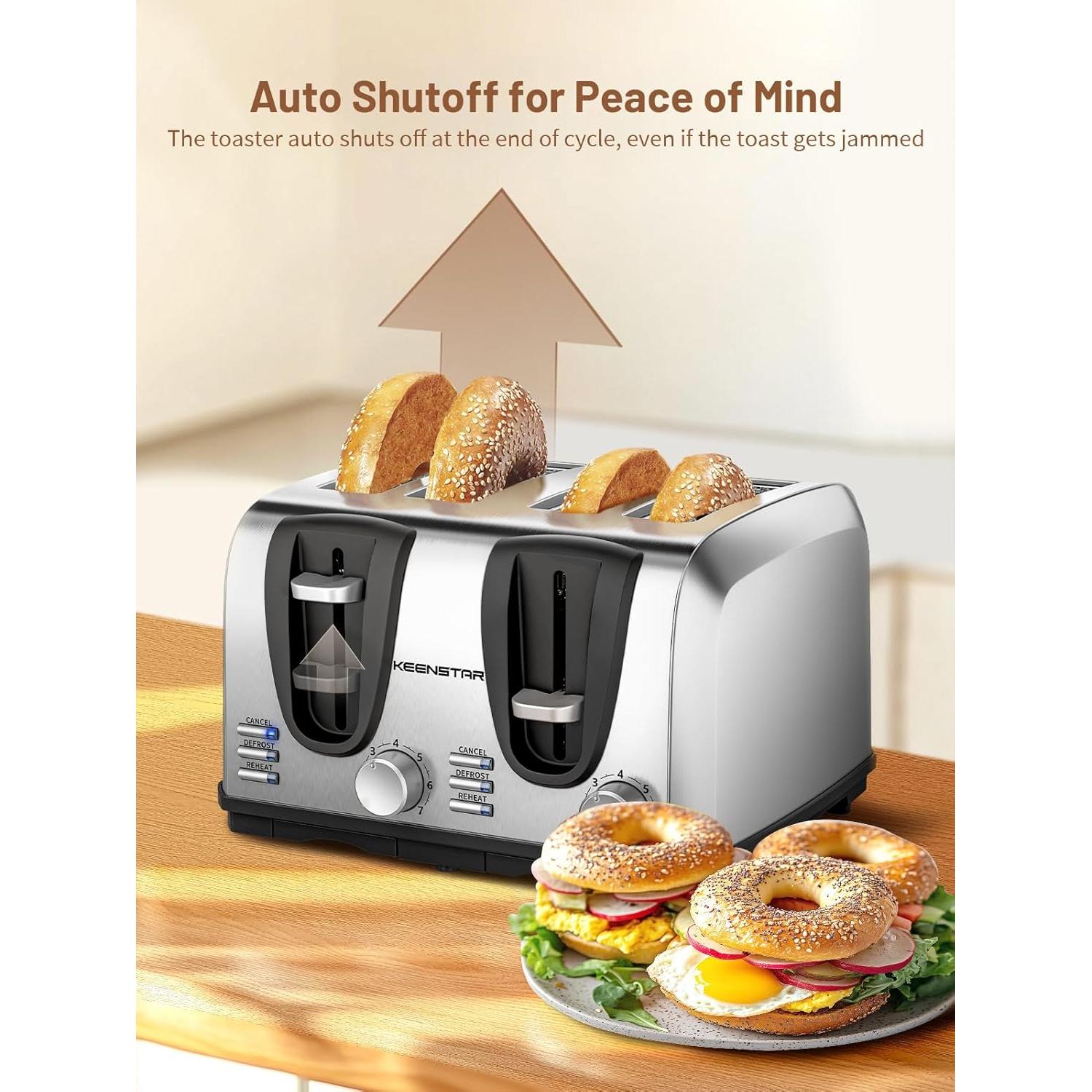 Toaster 4 Slice, Bread Toaster with Dual Control Panels Extra-Wide Slot of Bagel/Defrost/Cancel Function, 7 Toasting Bread Shade Settings, Removable Crumb Trays, Auto Pop-Up, Stainless Steel
