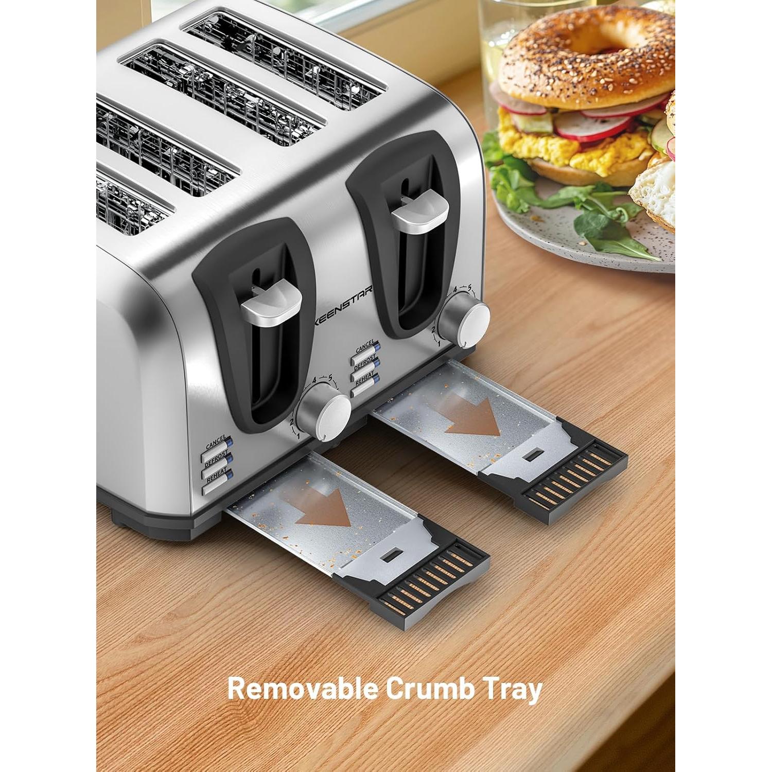 Toaster 4 Slice, Bread Toaster with Dual Control Panels Extra-Wide Slot of Bagel/Defrost/Cancel Function, 7 Toasting Bread Shade Settings, Removable Crumb Trays, Auto Pop-Up, Stainless Steel