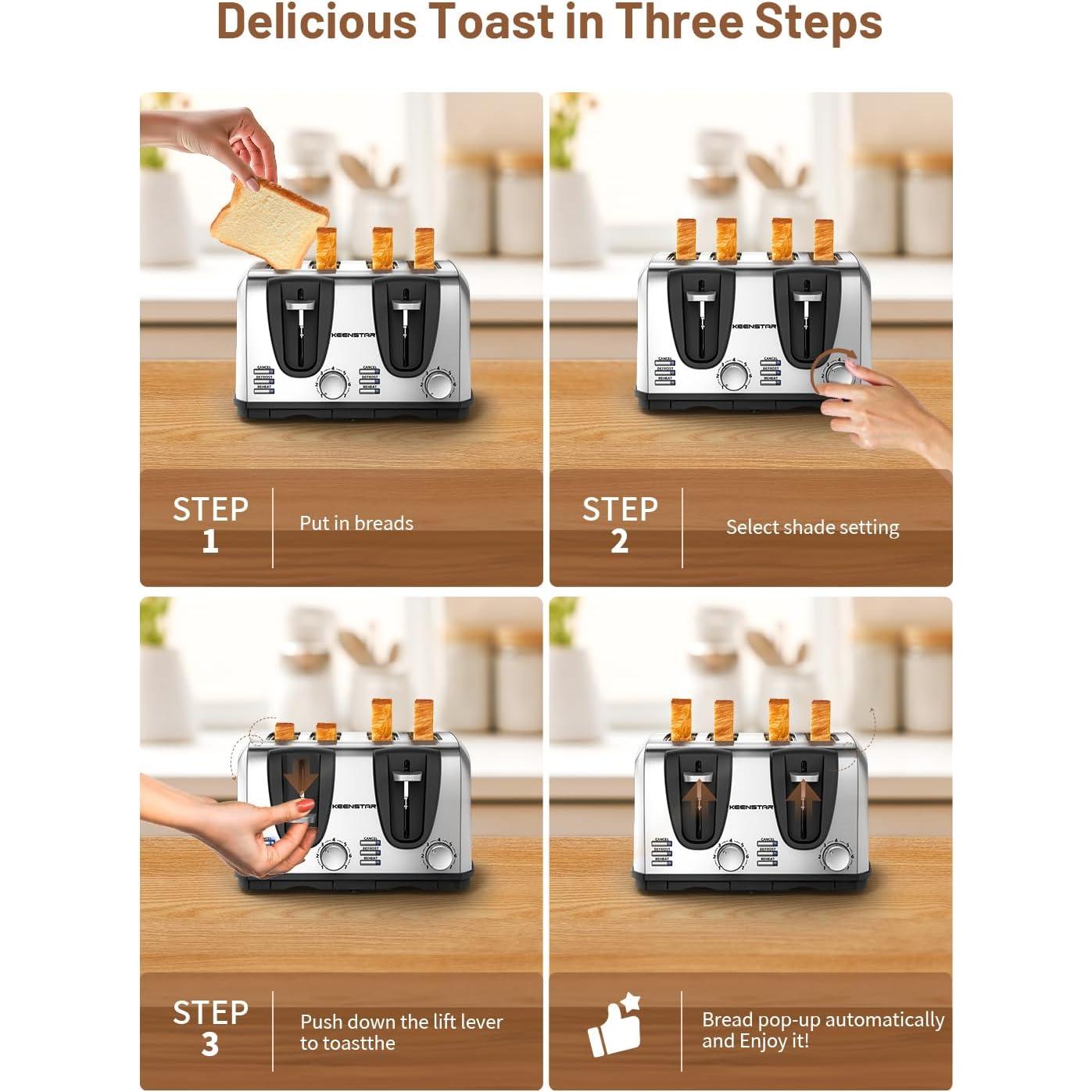 Toaster 4 Slice, Bread Toaster with Dual Control Panels Extra-Wide Slot of Bagel/Defrost/Cancel Function, 7 Toasting Bread Shade Settings, Removable Crumb Trays, Auto Pop-Up, Stainless Steel