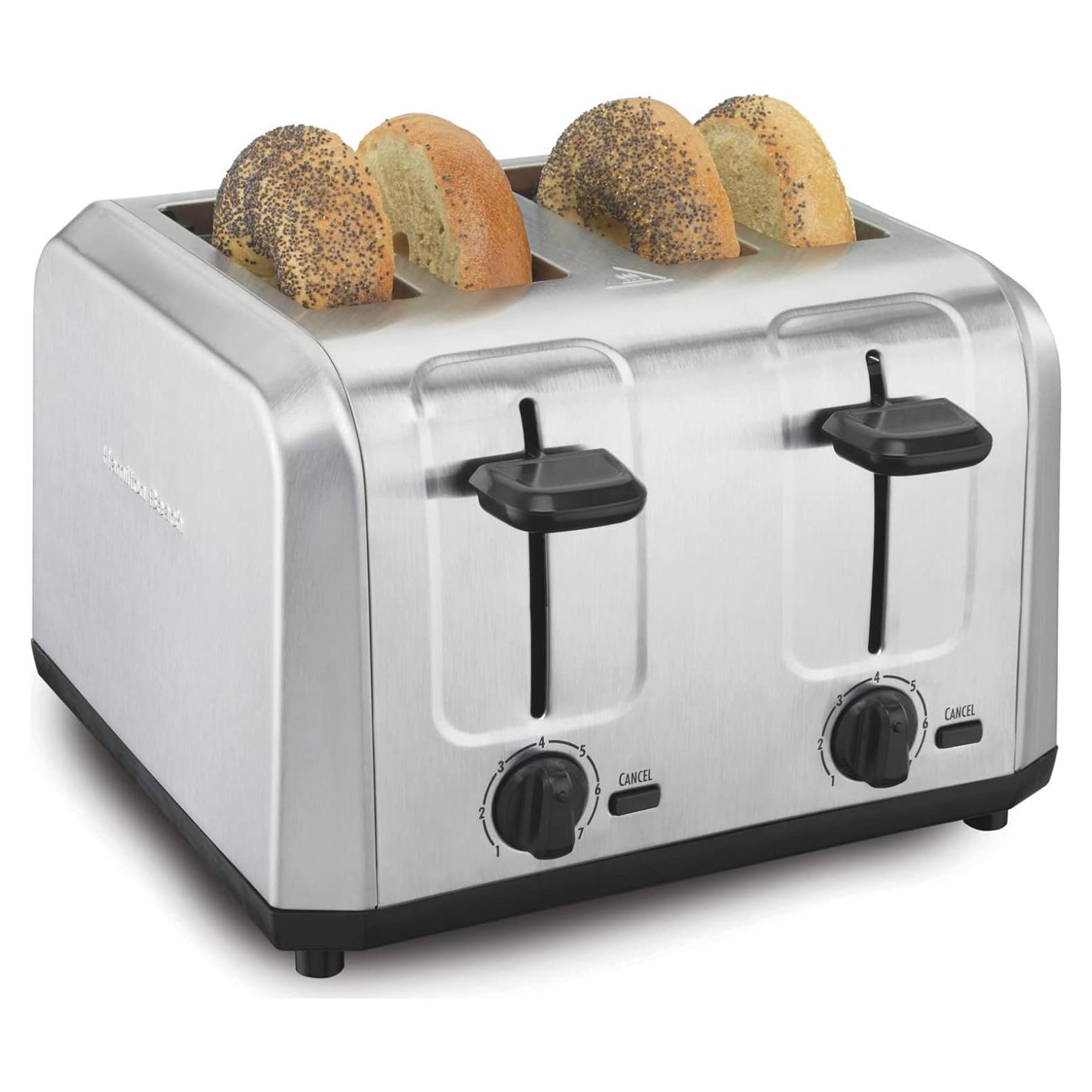 Hamilton Beach 4 Slice Toaster with Extra Wide Slots for Bagels, Shade Selector, Toast Boost, Slide-Out Crumb Tray, Auto-Shutoff and Cancel Button, Brushed Stainless Steel (24910)