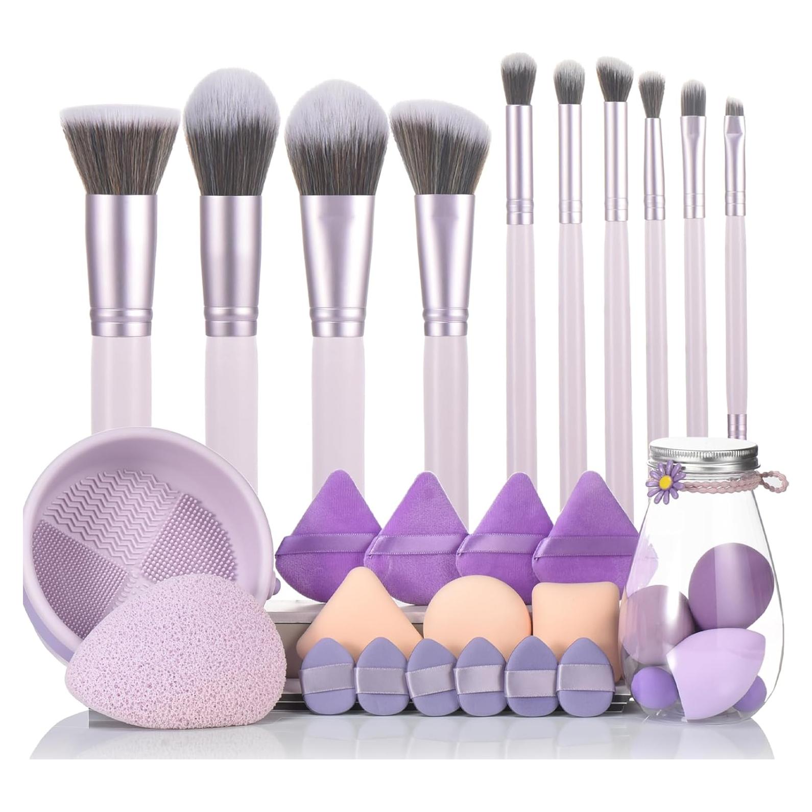 Conjunto de Pinceles de Maquillaje Morados 31pcs con Esponjas