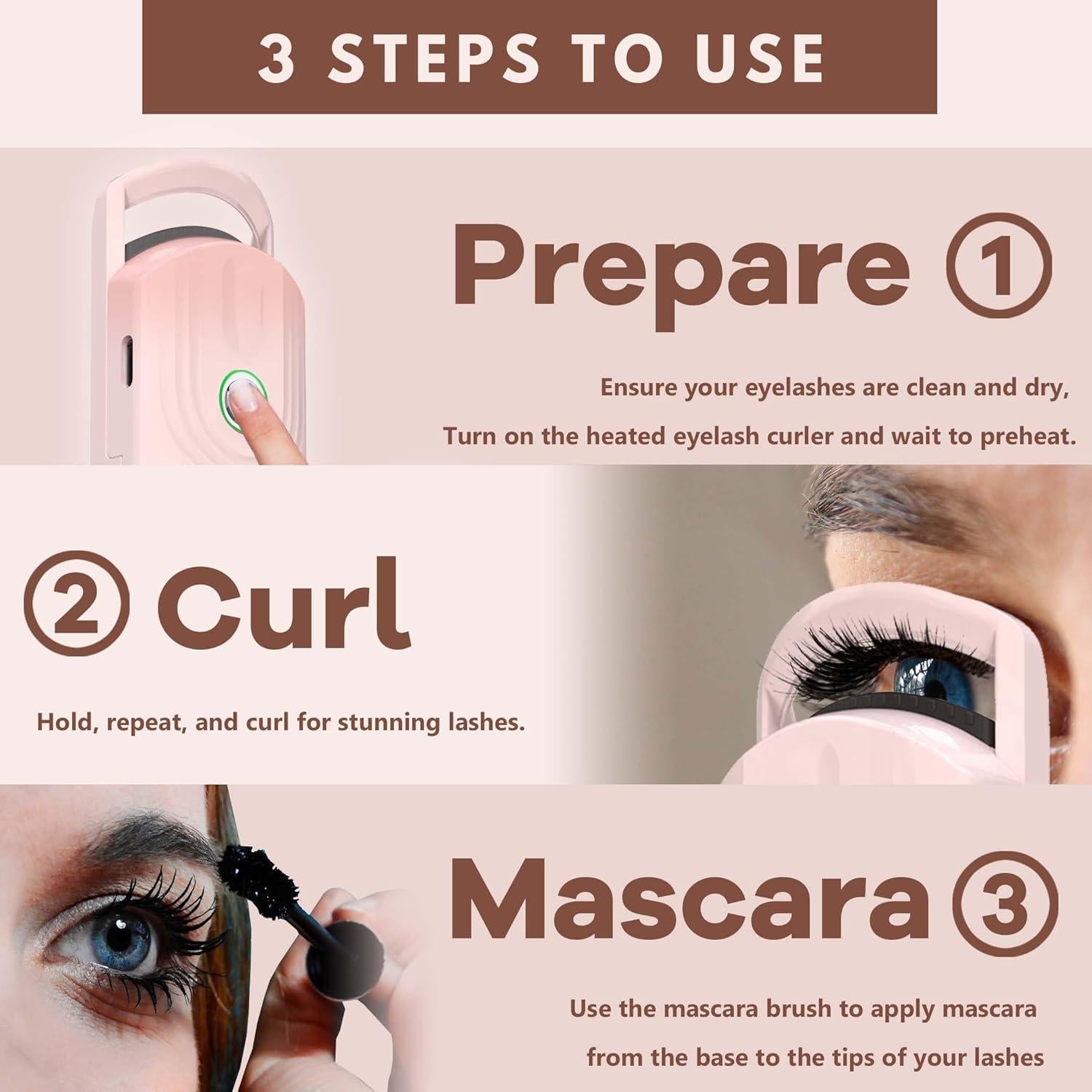 Rizador de Pestañas Calentado KIARYUOLL Rosa USB 3 Modos