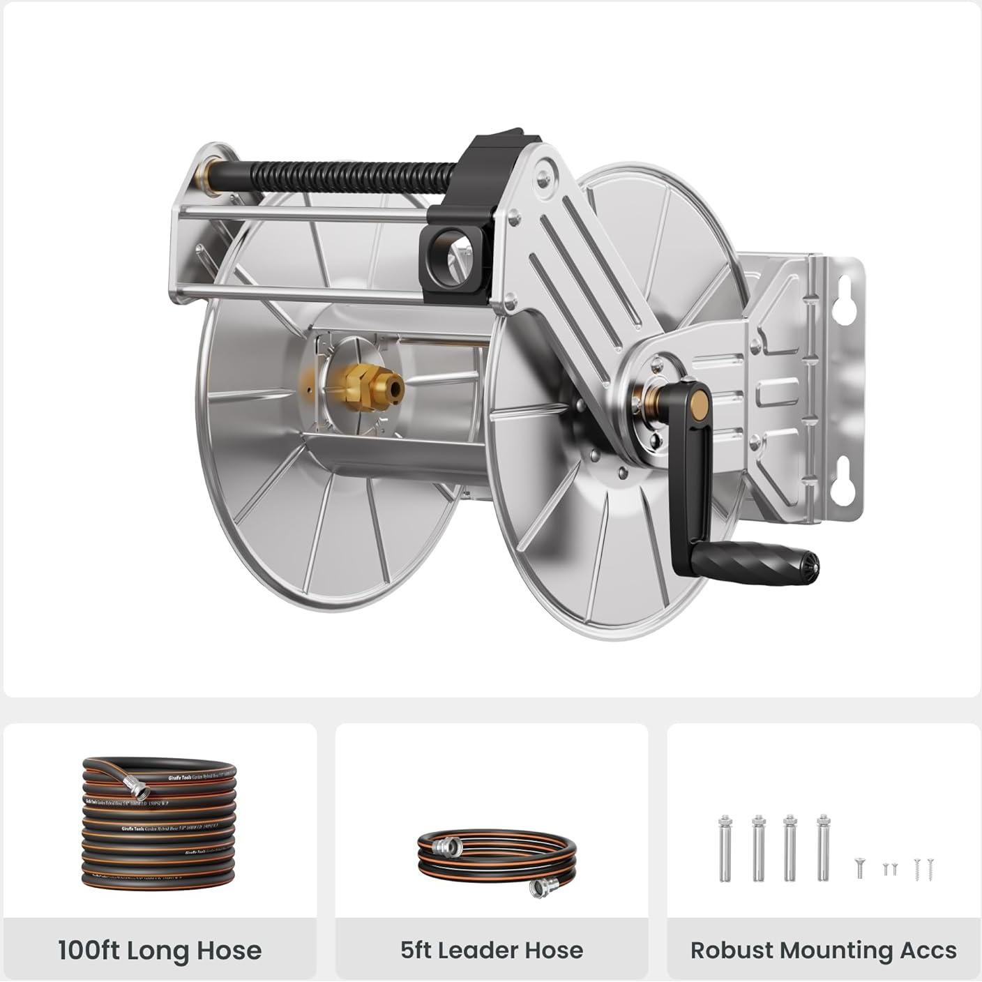 Carrete de Manguera de Jardín Giraffe Tools 100FT Acero Inoxidable