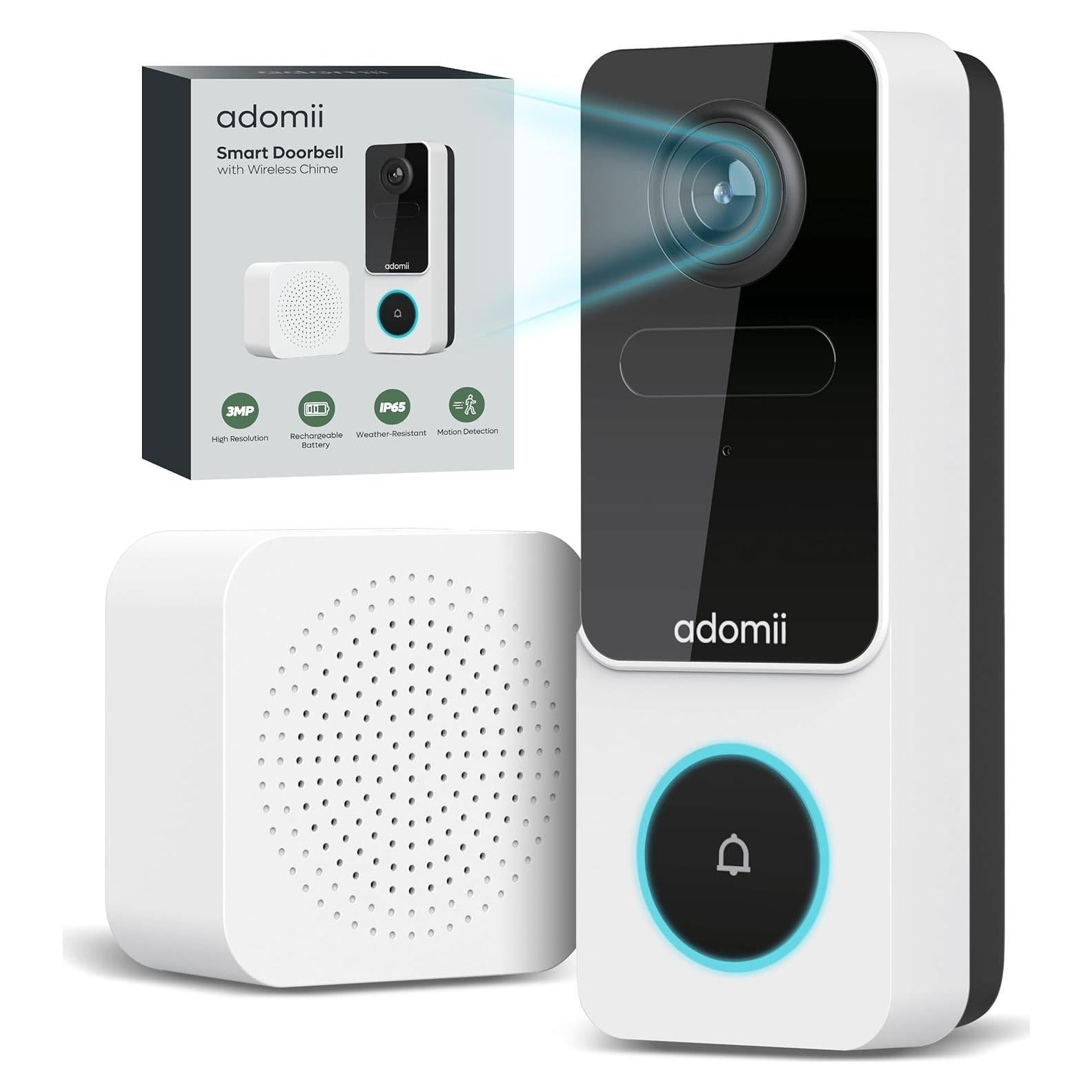 Cámara de timbre de video Adomii 3MP WiFi IP65 Batería 6 meses