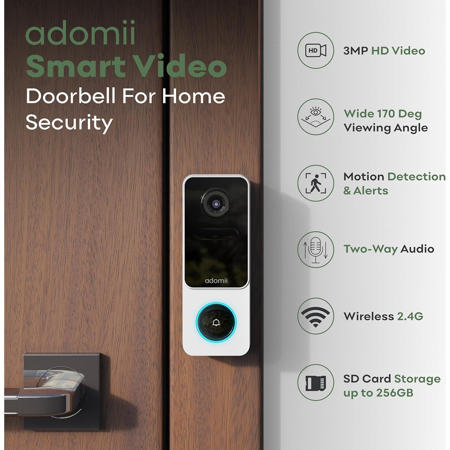 Cámara de timbre de video Adomii 3MP WiFi IP65 Batería 6 meses