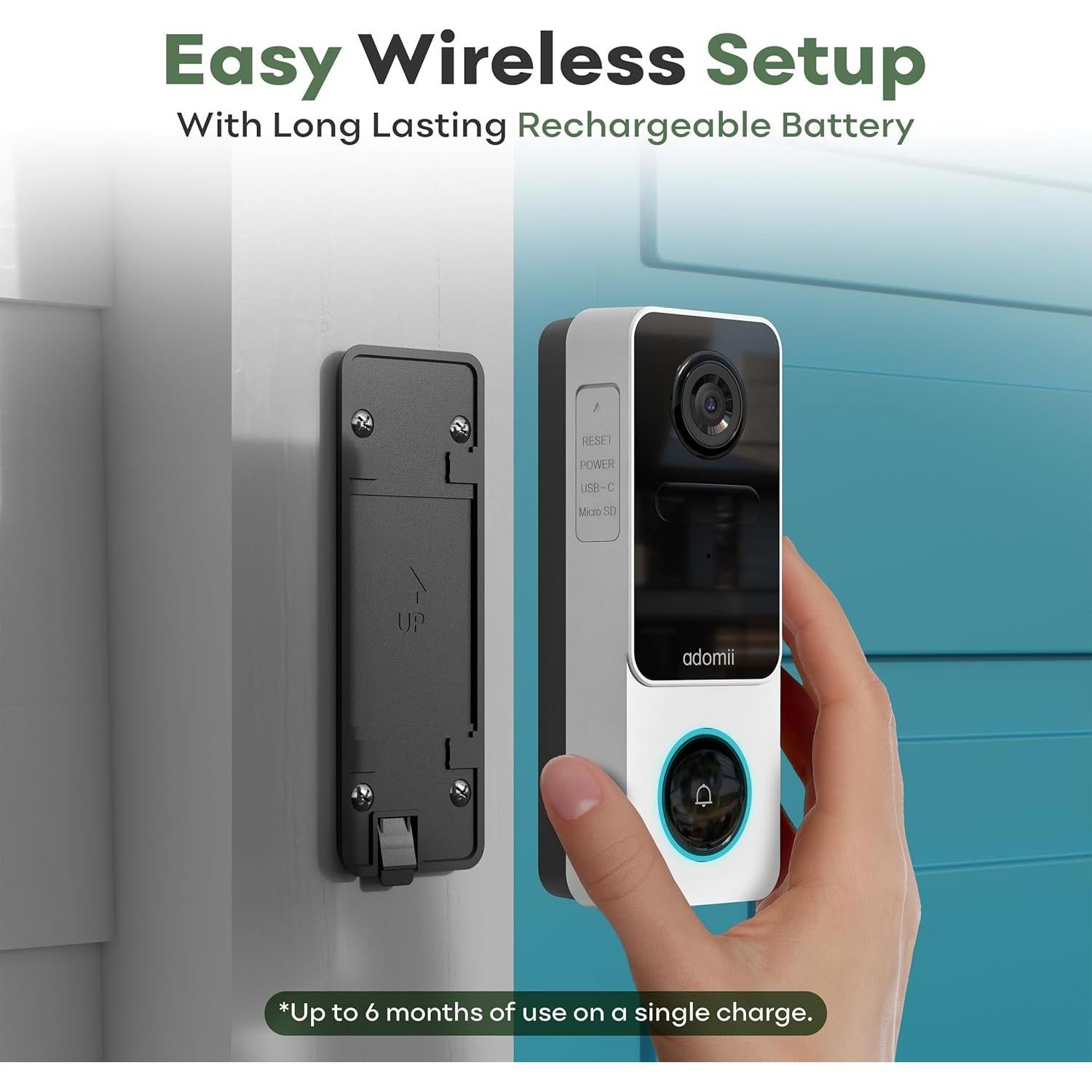 Cámara de timbre de video Adomii 3MP WiFi IP65 Batería 6 meses