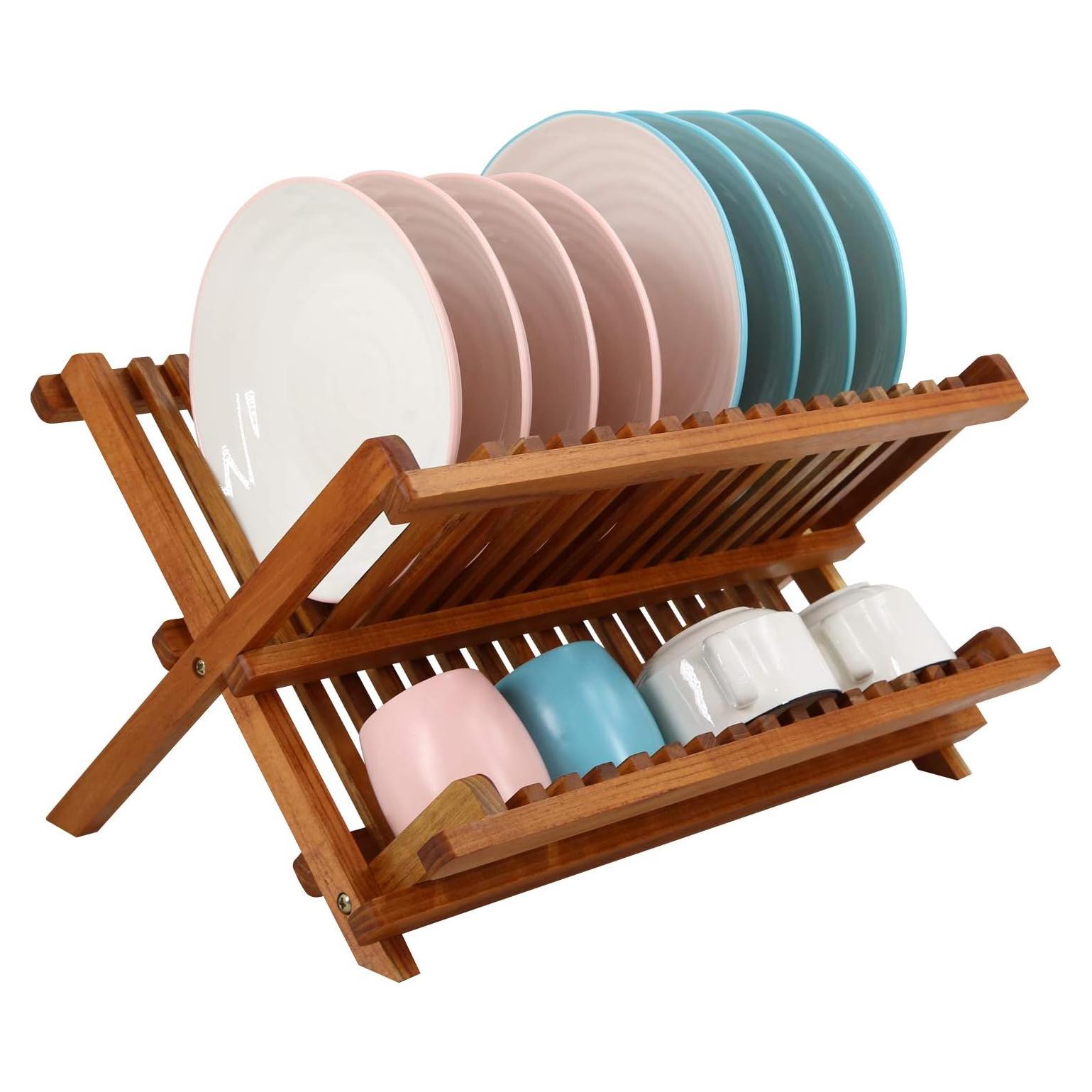 Estante Plegable para Secar Platos Utoplike de Teak 2 Niveles