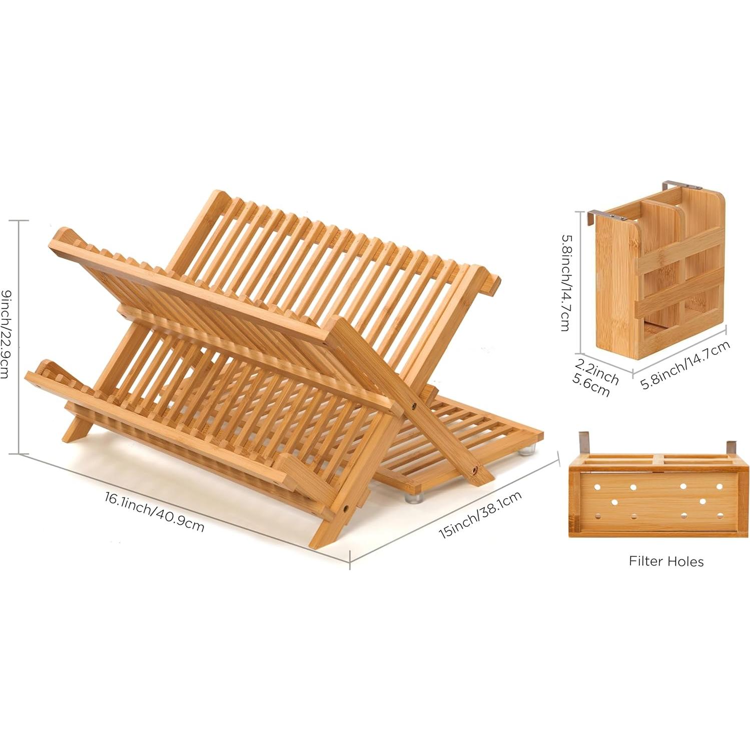 Escurridor de Platos Plegable Oyydecor de Bambú 3 Niveles