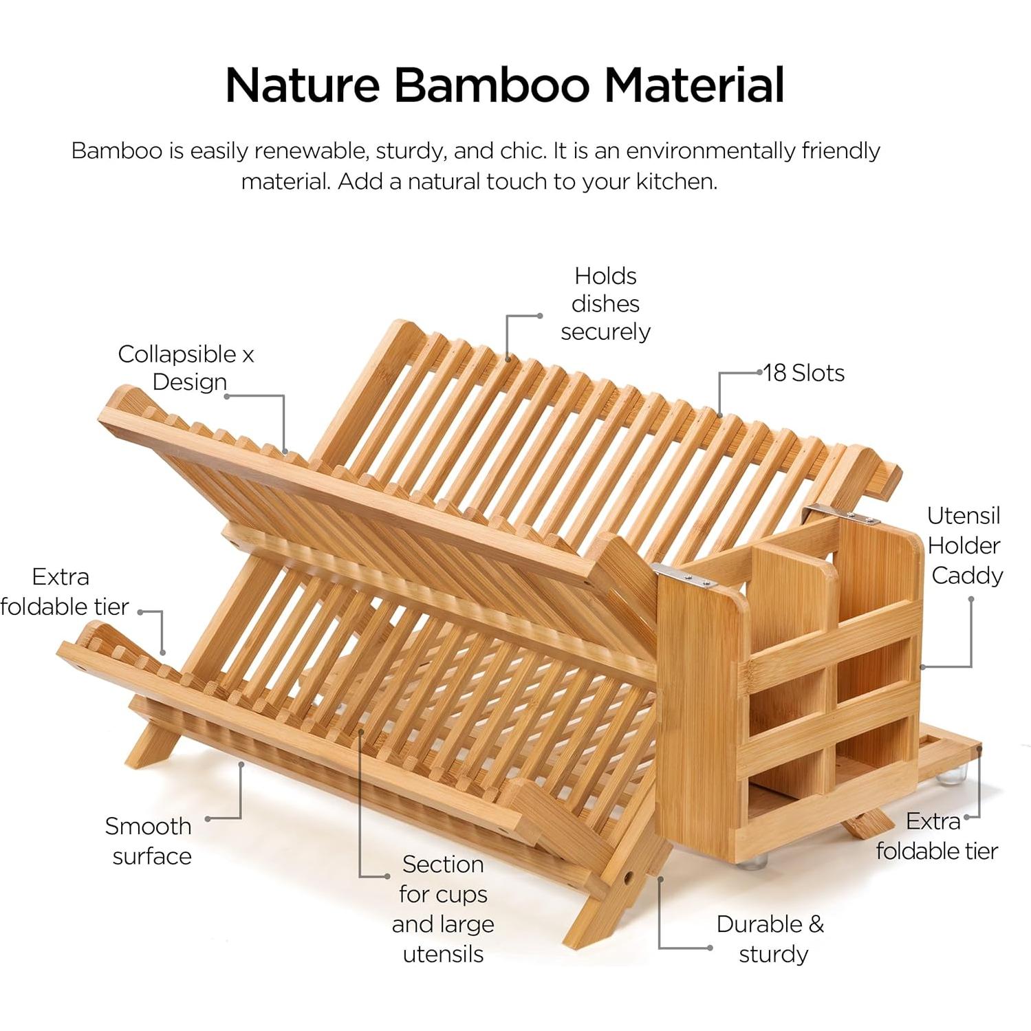 Escurridor de Platos Plegable Oyydecor de Bambú 3 Niveles