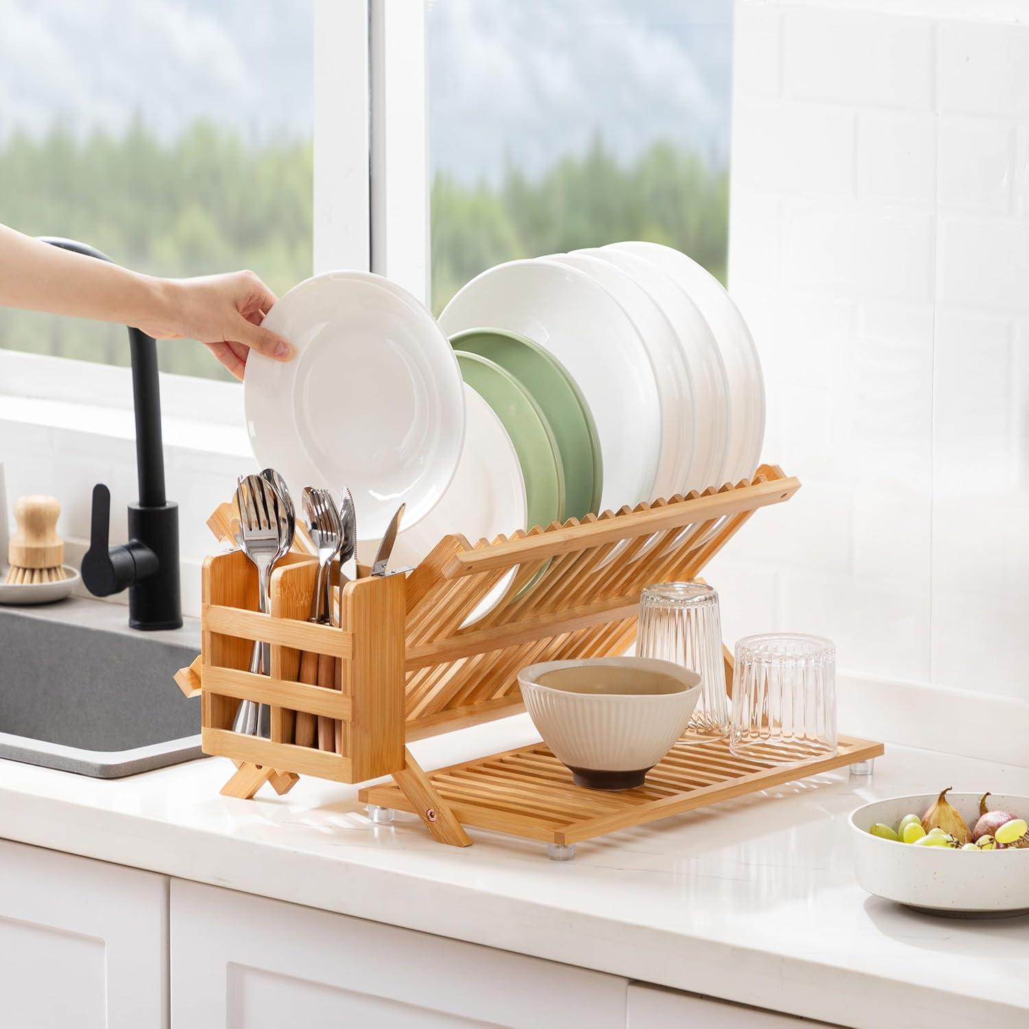 Escurridor de Platos Plegable Oyydecor de Bambú 3 Niveles