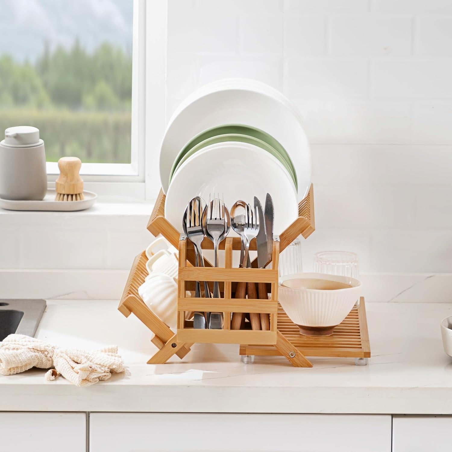 Escurridor de Platos Plegable Oyydecor de Bambú 3 Niveles