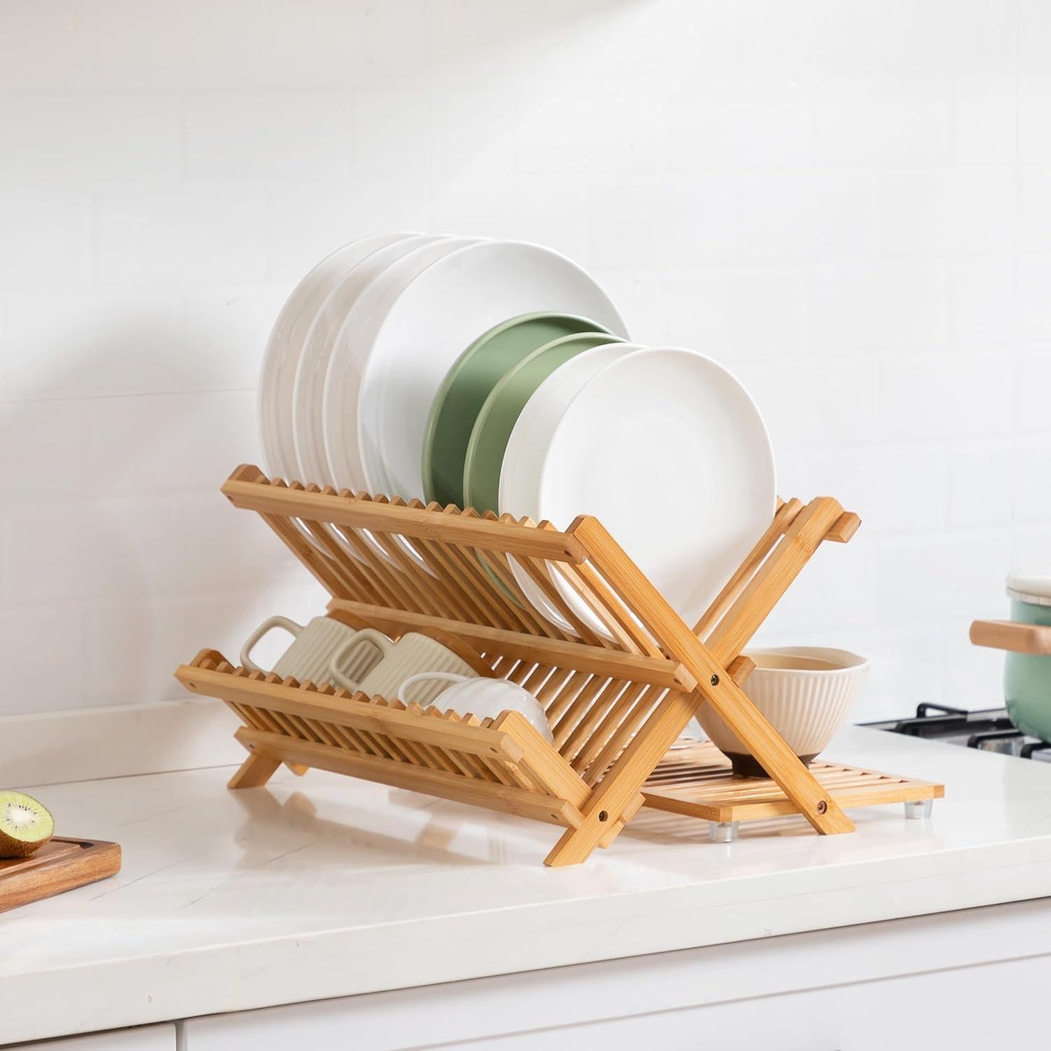 Escurridor de Platos Plegable Oyydecor de Bambú 3 Niveles