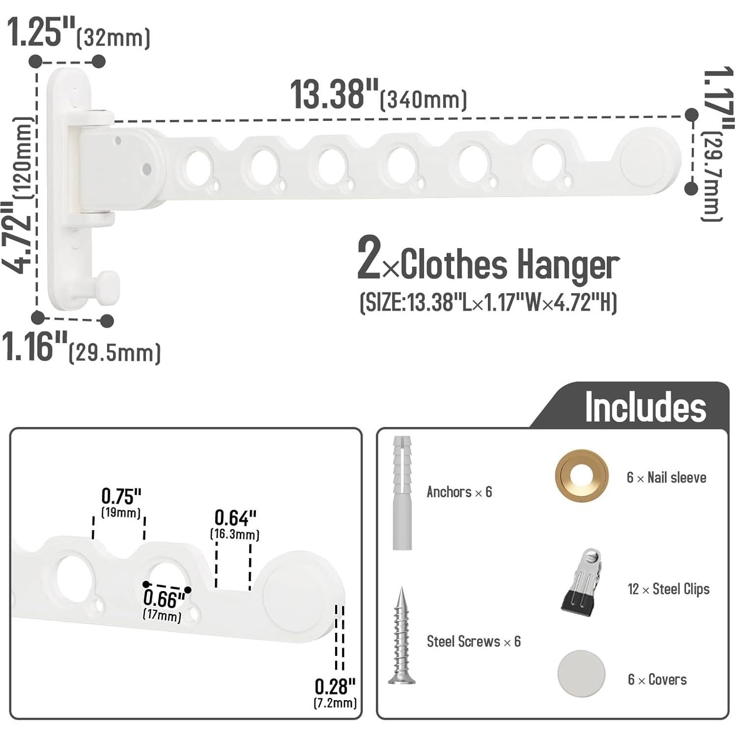 Perchero Plegable Montado en Pared Danpoo Blanco - 2 Unidades