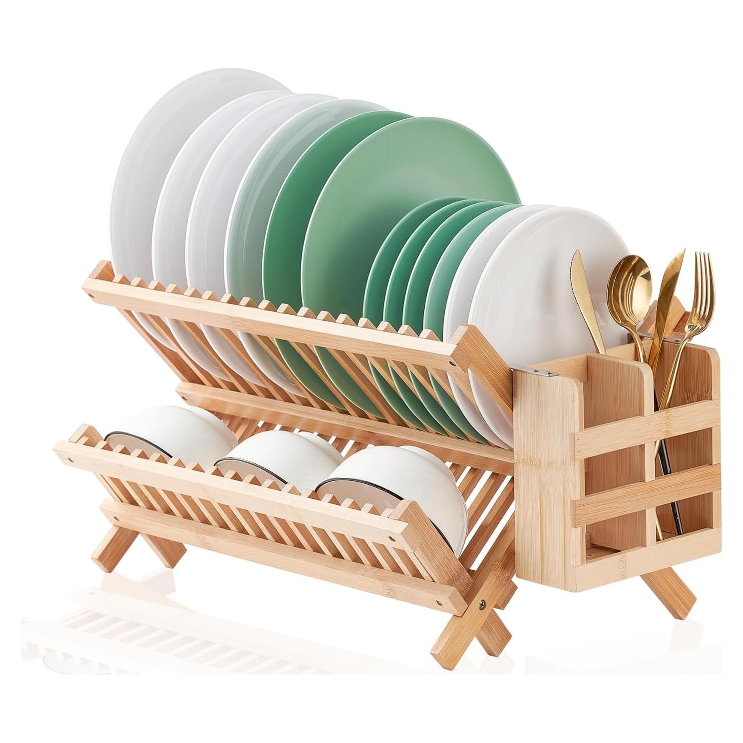 Escurridor de Platos Plegable Worthyeah de Bambú 2 Niveles