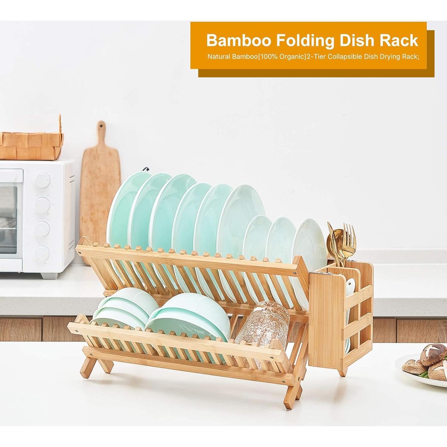Escurridor de Platos Plegable Worthyeah de Bambú 2 Niveles
