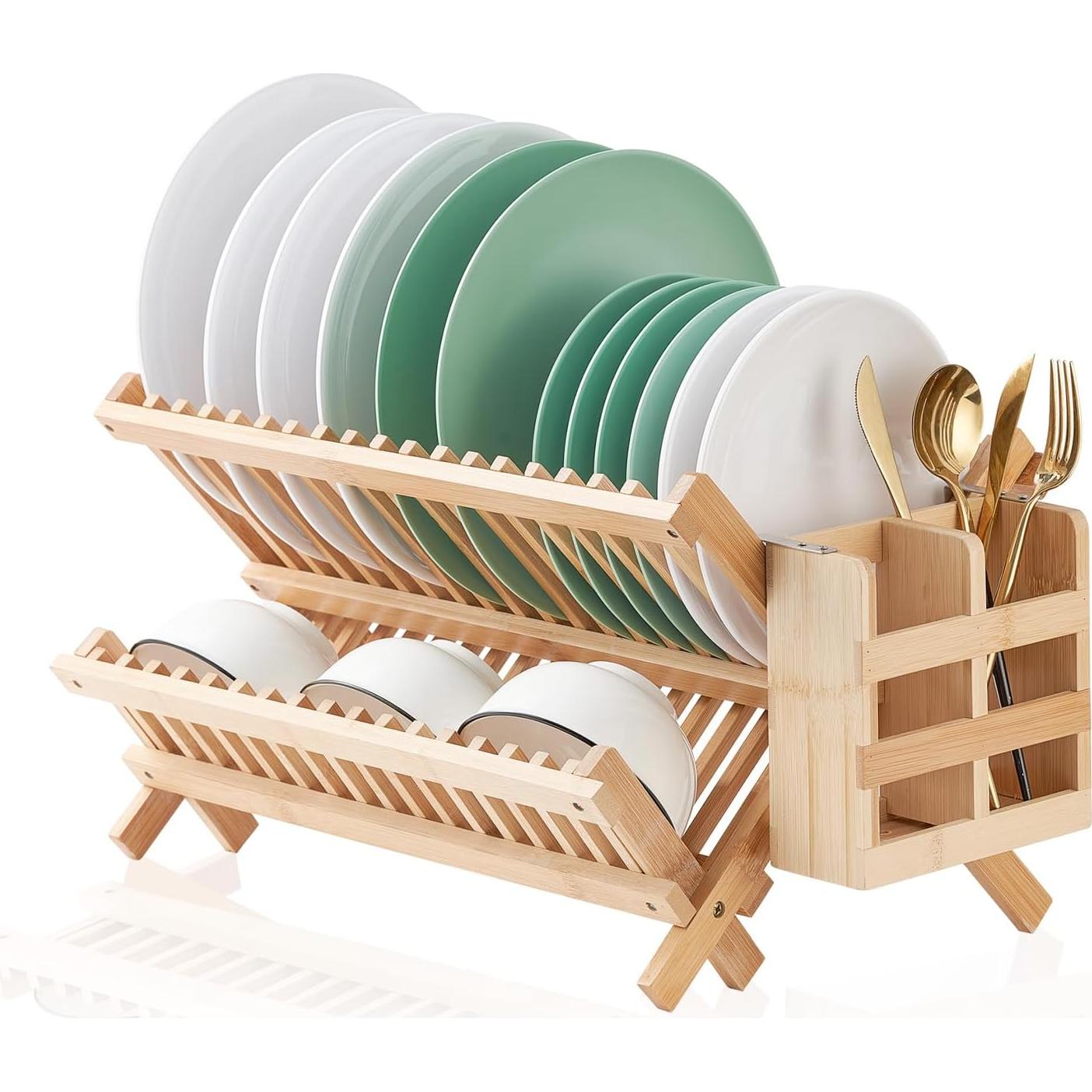 Escurridor de Platos Plegable Worthyeah de Bambú 2 Niveles