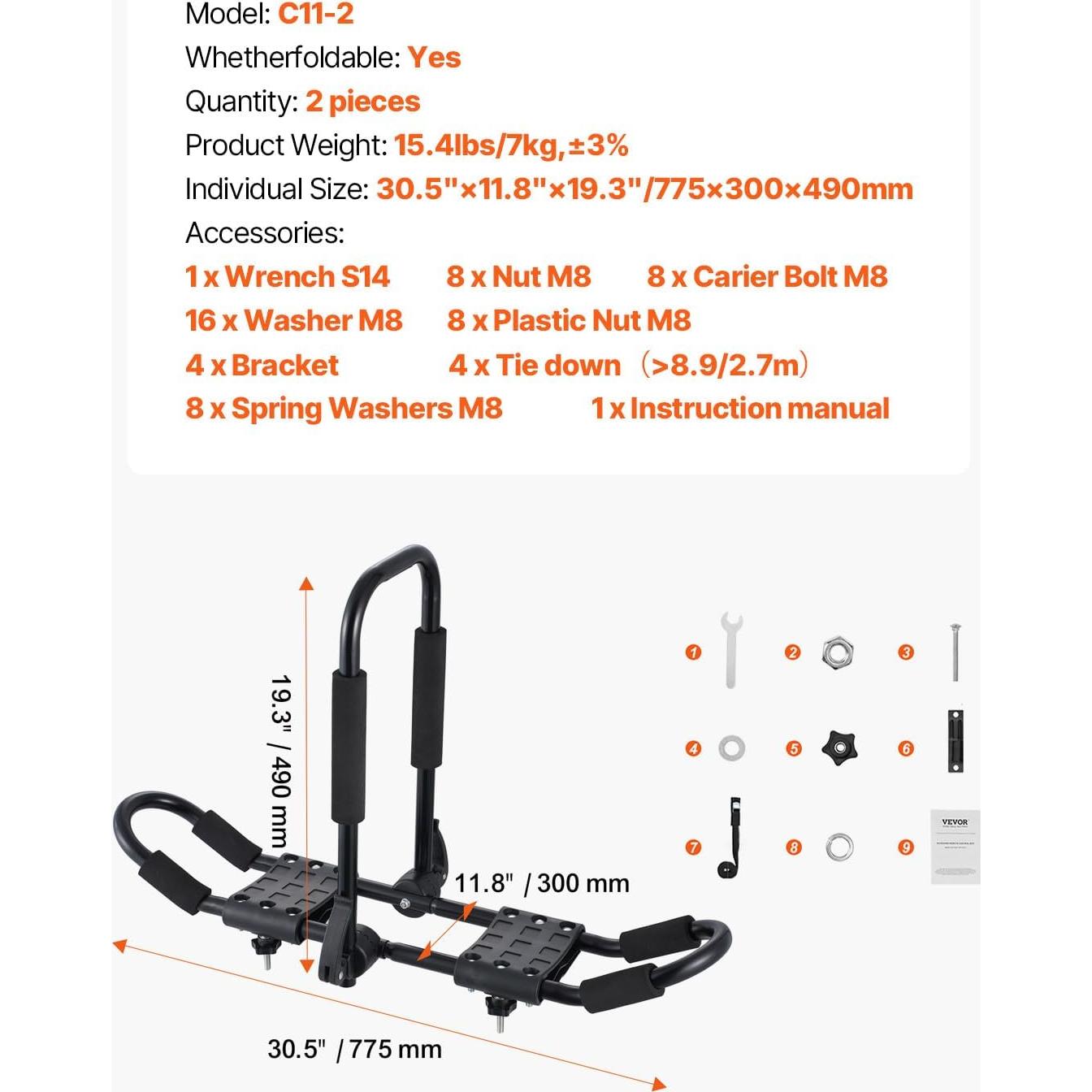 Soporte de Techo para Kayak VEVOR J-Bar Plegable 68 kg