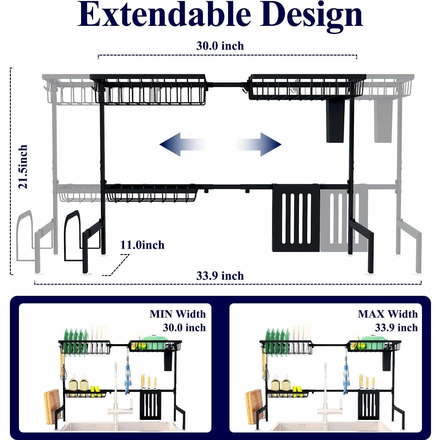 Estante de Secado de Platos Kitsure Negro Ajustable 76-86 cm