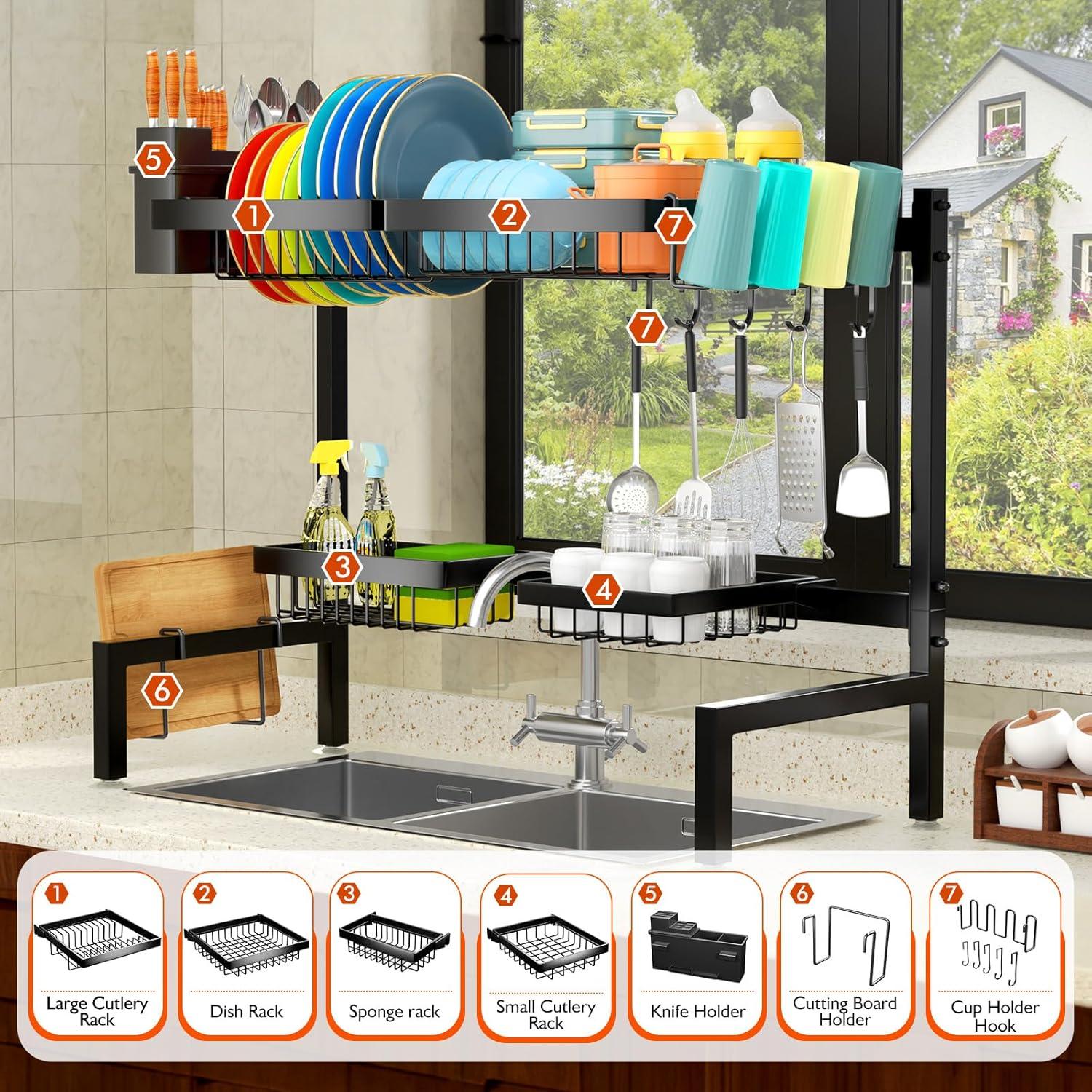 Estante de Fregadero YKLSLH 4 Cestas Ajustable Negro