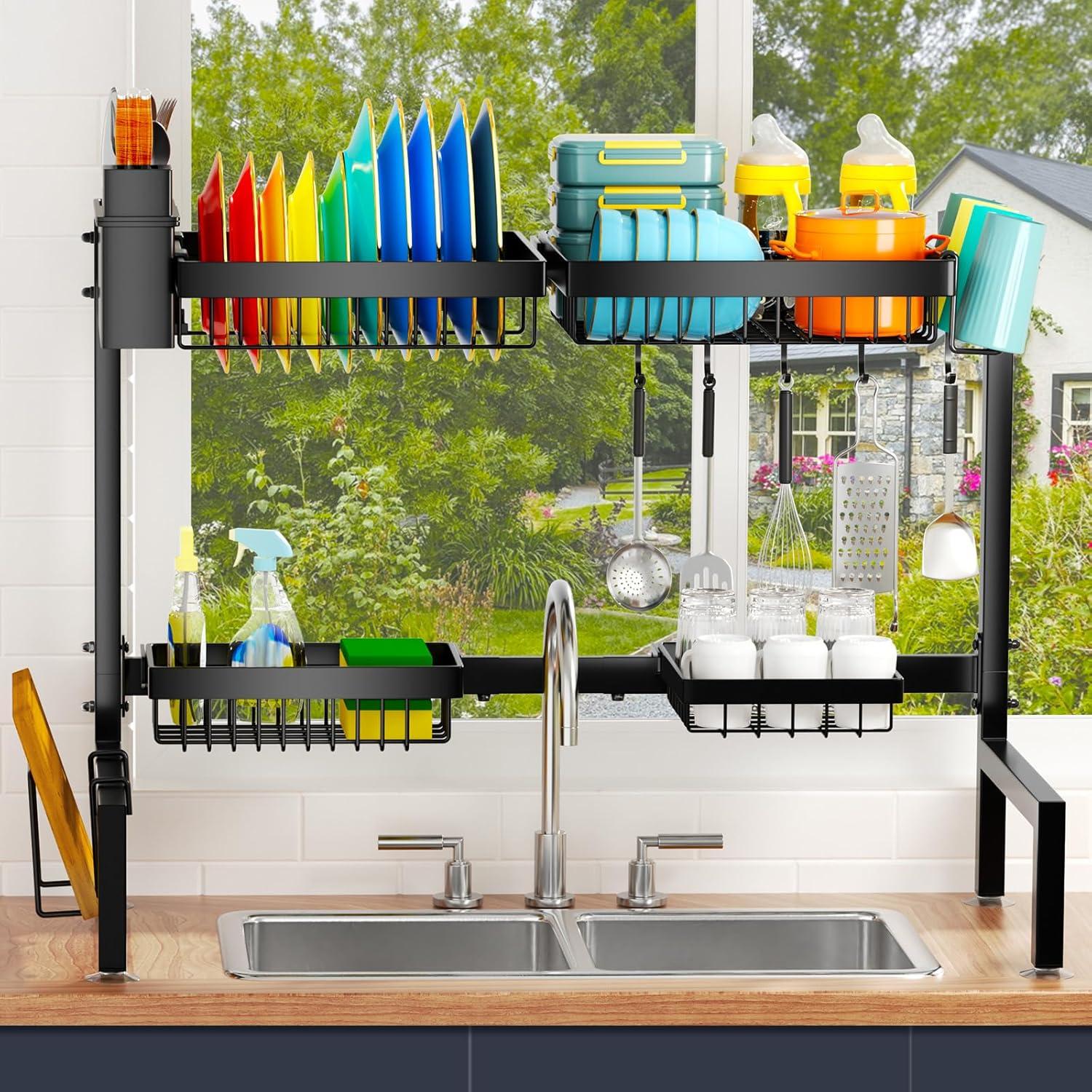 Estante de Fregadero YKLSLH 4 Cestas Ajustable Negro