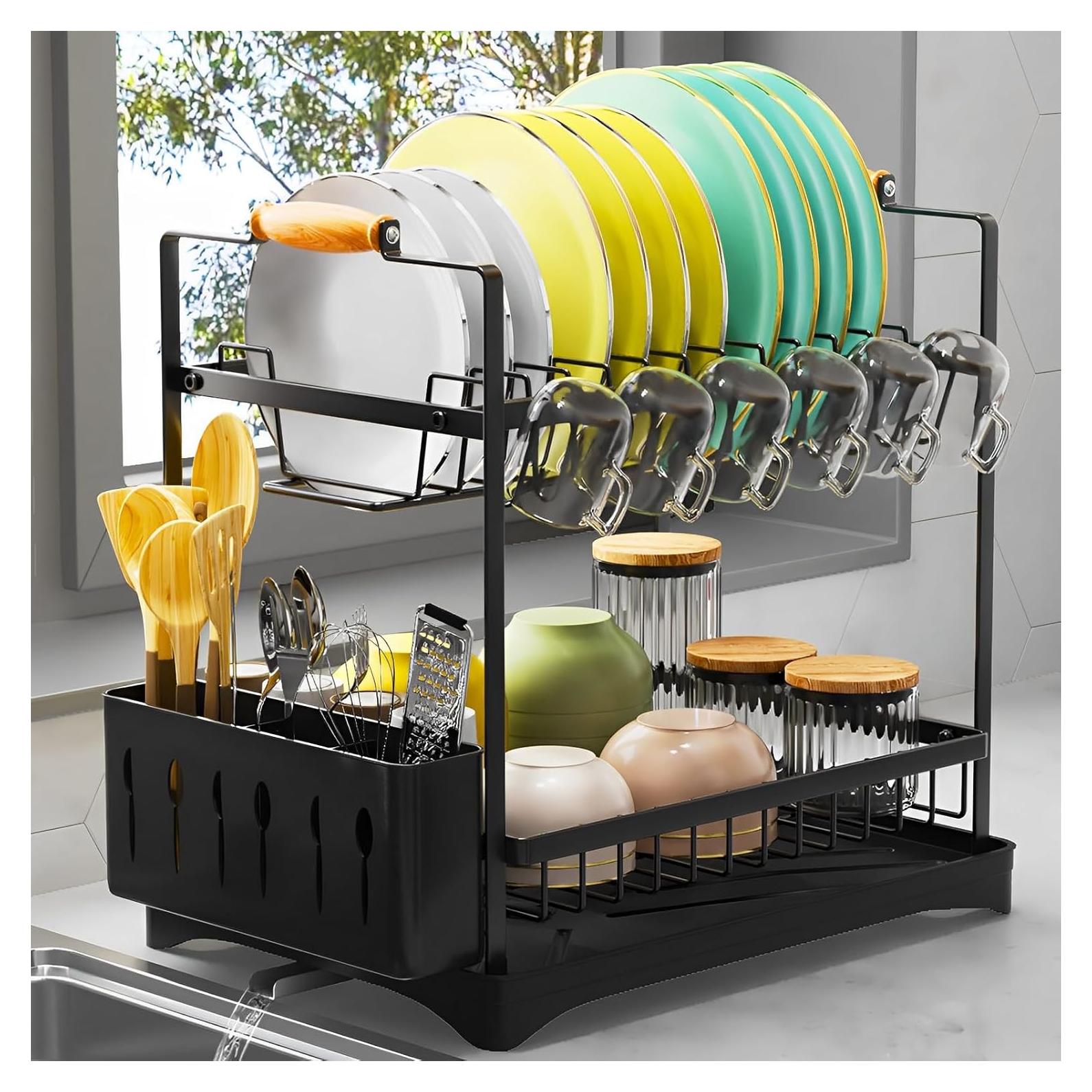 Escurridor de Platos 2 Niveles PXYHMUS Negro Acero Inoxidable