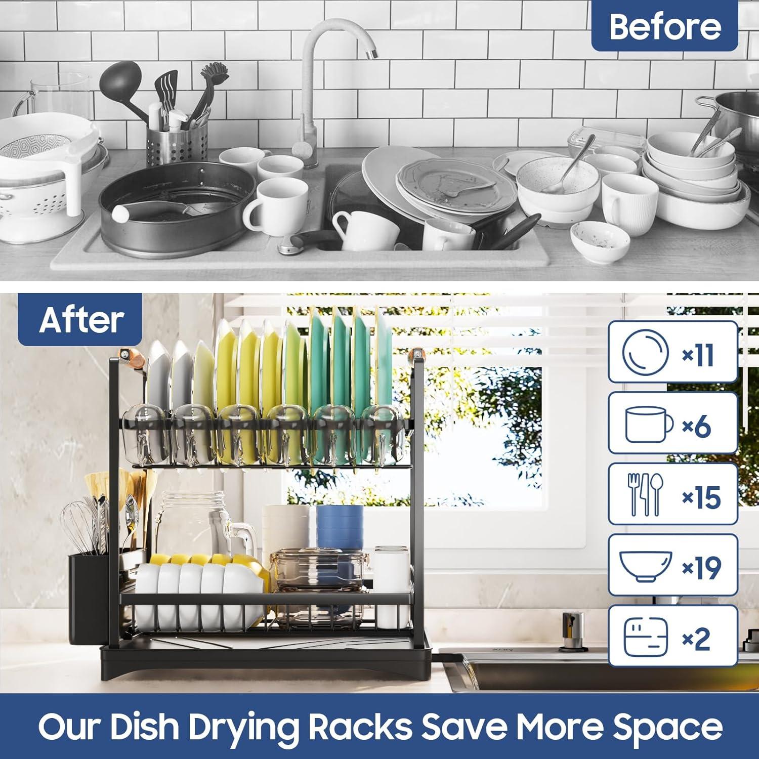 Escurridor de Platos 2 Niveles PXYHMUS Negro Acero Inoxidable