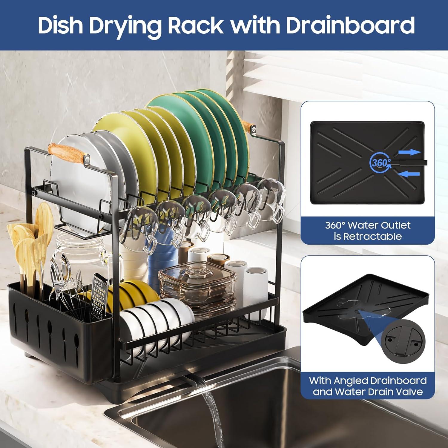 Escurridor de Platos 2 Niveles PXYHMUS Negro Acero Inoxidable