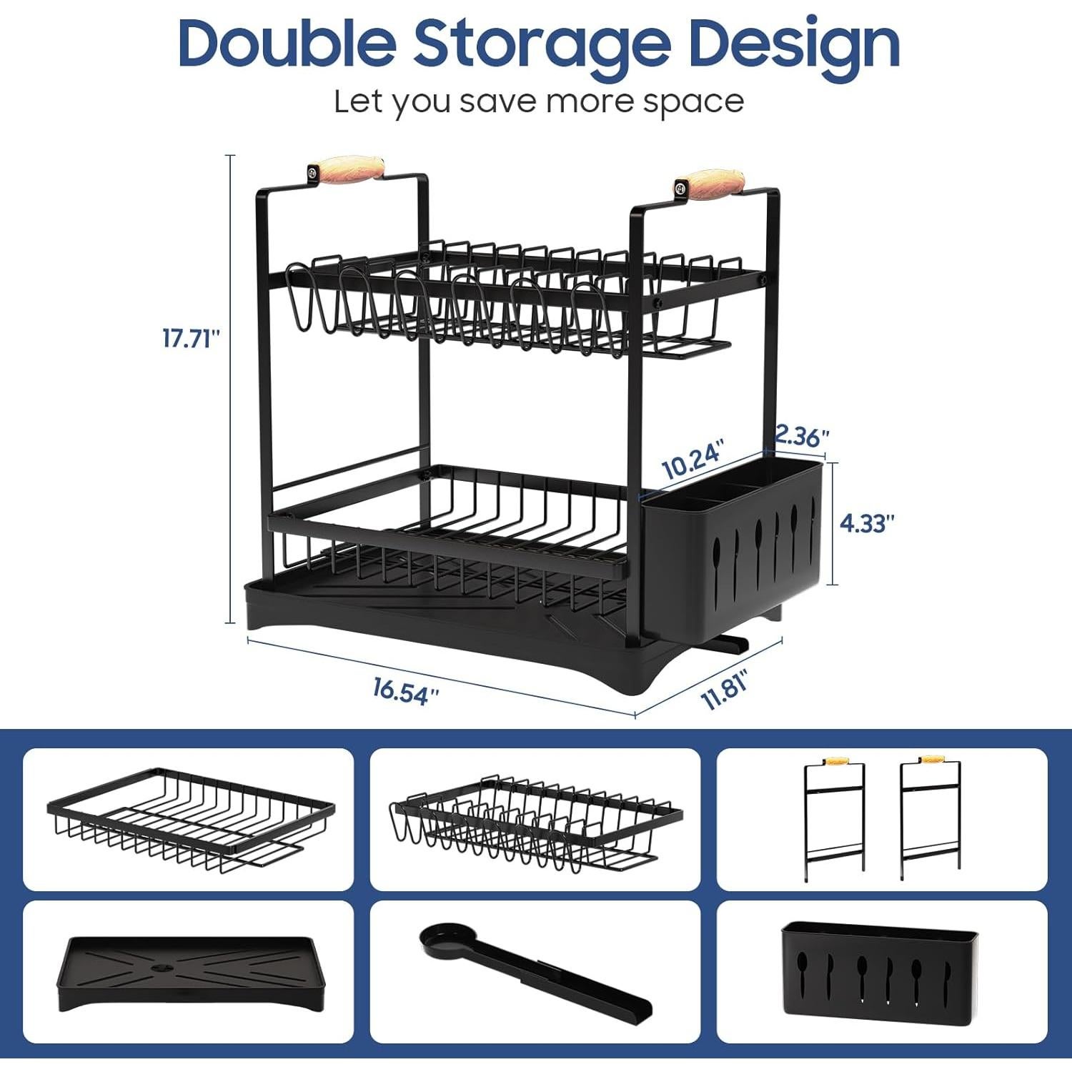 Escurridor de Platos 2 Niveles PXYHMUS Negro Acero Inoxidable