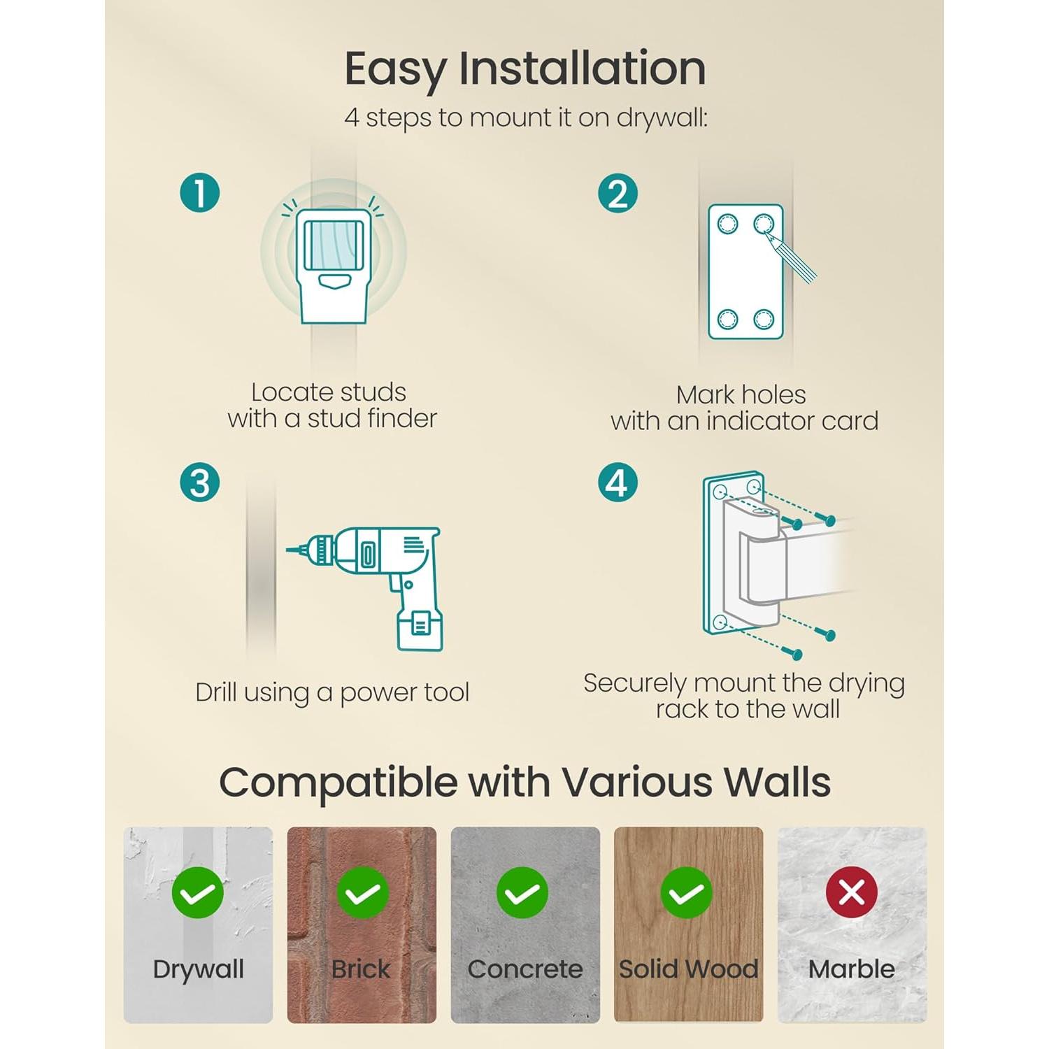 Estante Secar Ropa Pared SONGMICS Blanco 21 Ganchos 1,18 kg